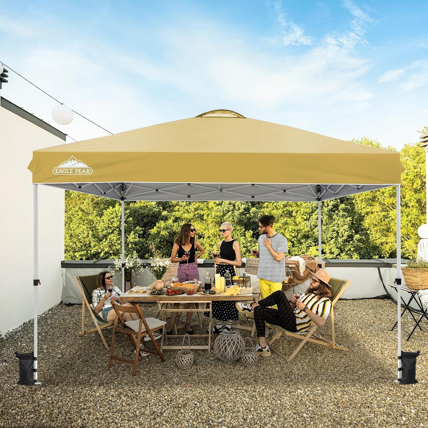 EAGLE PEAK Pop Up Canopy Tent with Wheeled Carry Bag, 8 Stakes, 4 Ropes, 4 Weight Bags, Easy Set Up Tent Canopy, 12x12 ft, 144sqft of Shade, Beige