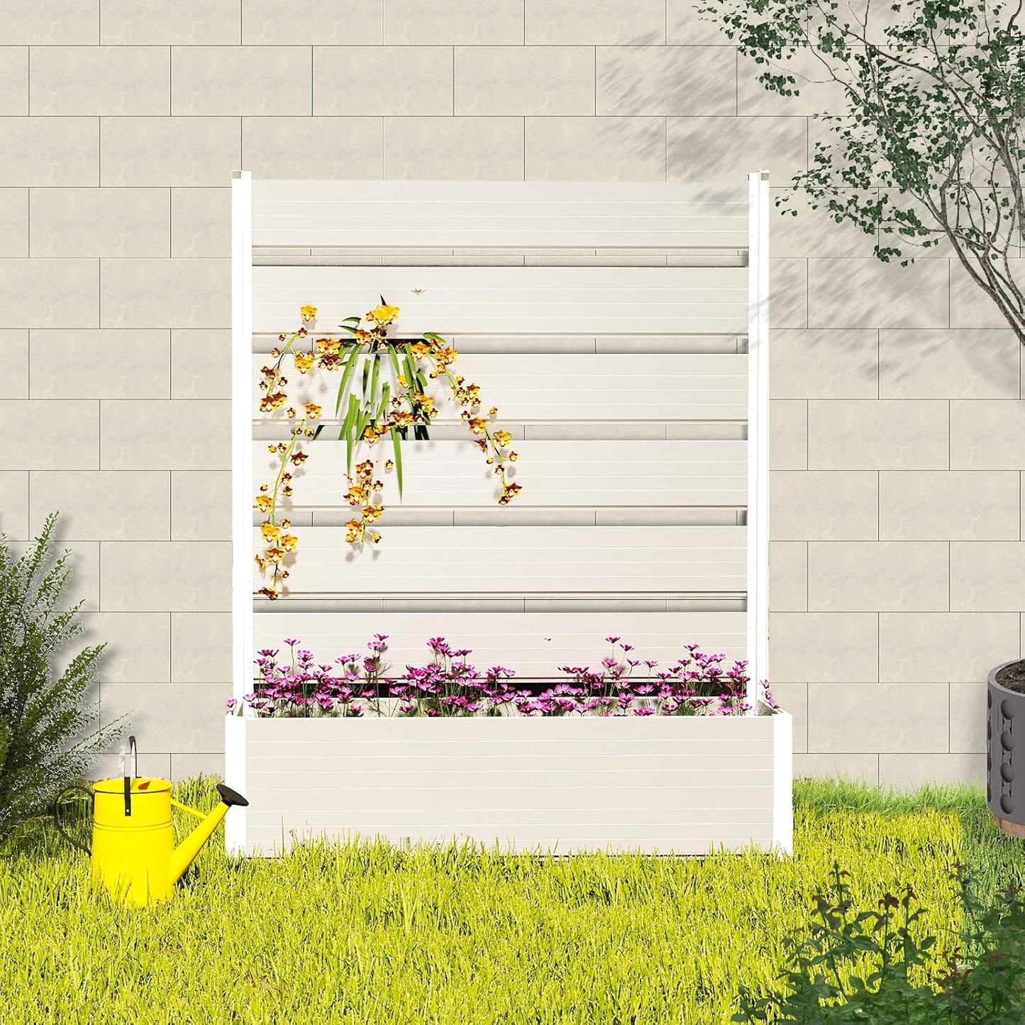 Vertical Screen Planter Bed - Raised Garden Box with Trellis for Climbing Plants, Durable Privacy Fence Planter for Outdoor, Patio, Deck Aluminum Frame, Beige