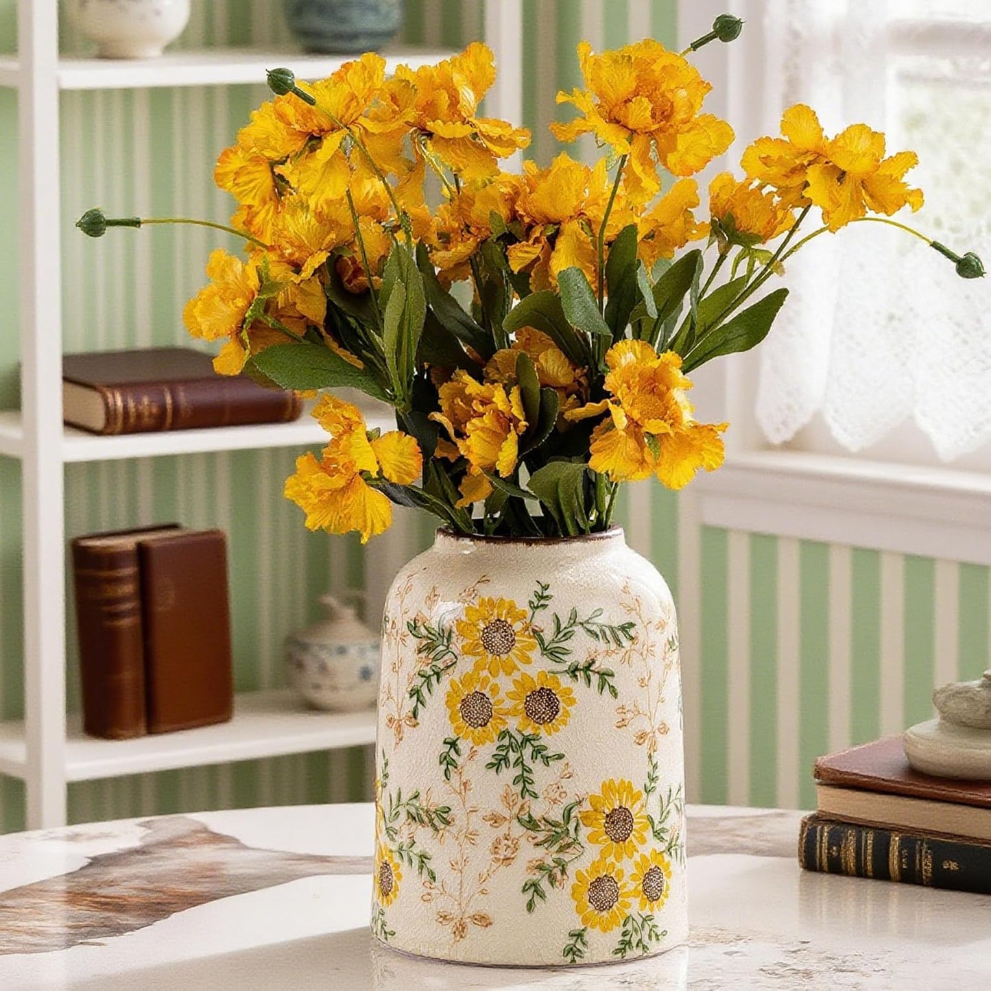 Sunflower Green and Beige Vase, Yellow Ceramic Vintage Vase Cottage Core Home Decor, Cute Floral Centerpiece Vases for Living Room, Bedroom, Kitchen, Table Grand Millennial Decors, Tuscan Decor 7.8In