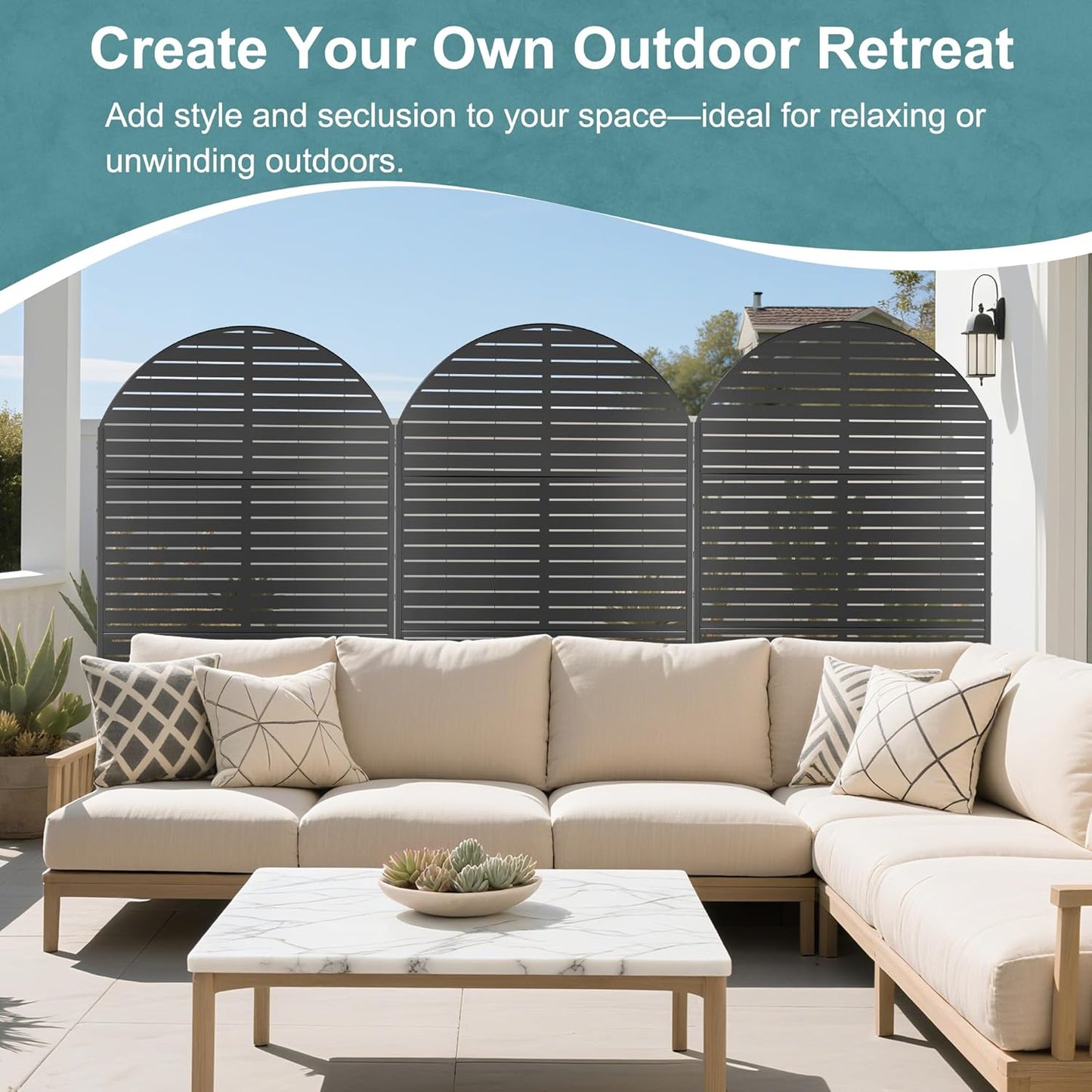 FENCY Metal Privacy Screen with Stand 72" H×47" W Outdoor Freestanding Privacy Panels, Arched Outdoor Privacy Screen for Deck Patio Balcony(Black-Louvered)