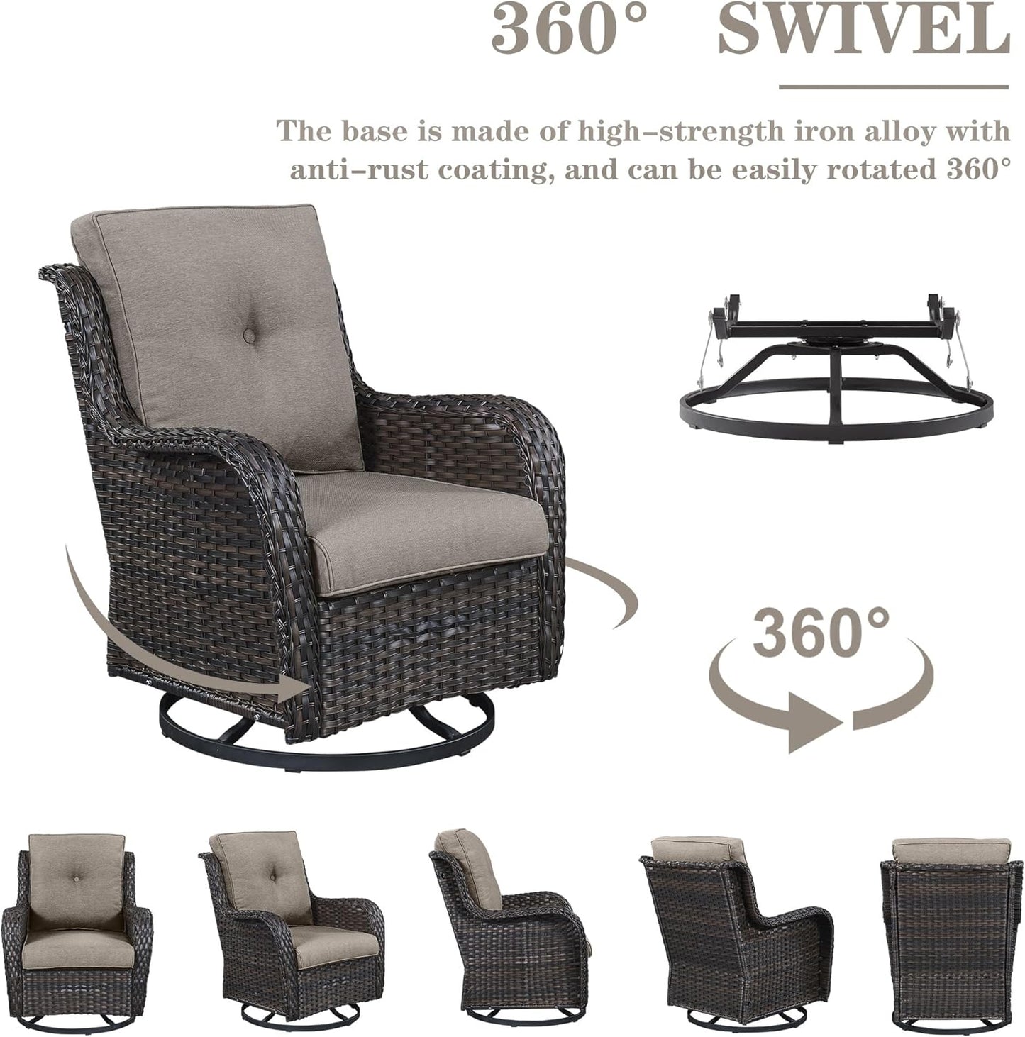 Wicker Outdoor Furniture Patio Furniture Set - 6 Piece Patio Conversation Set with Swivel Rocker Chairs, Rattan Sofa, Ottomans and Coffee Table, Gray Cushion