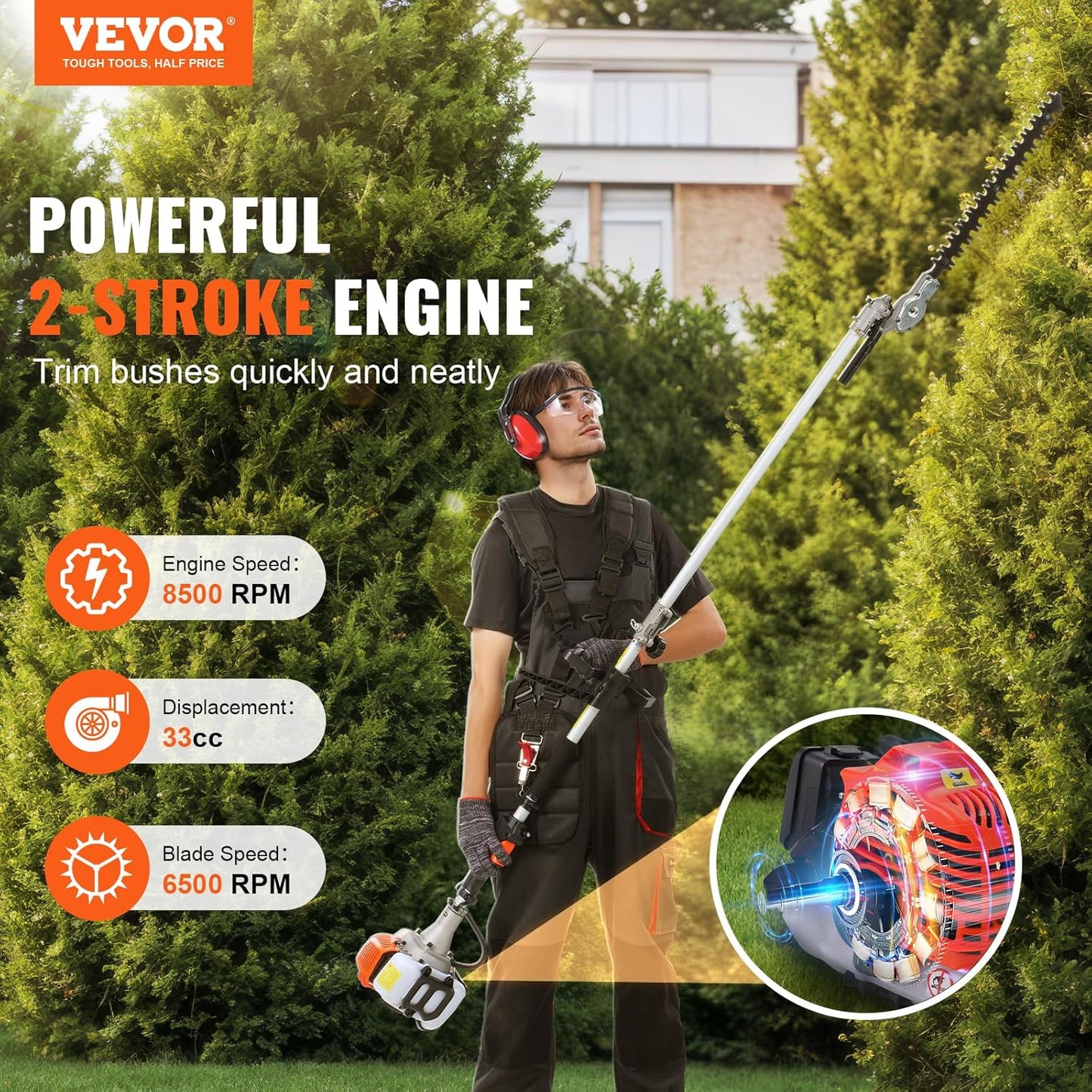 VEVOR 33CC 5-in-1 Multi-Functional Trimming Tools, Gas Hedge Trimmer, Weed Eater, String Trimmer, Brush Cutter, Edger, Pole Saw Chainsaw Pruner with Extension Pole