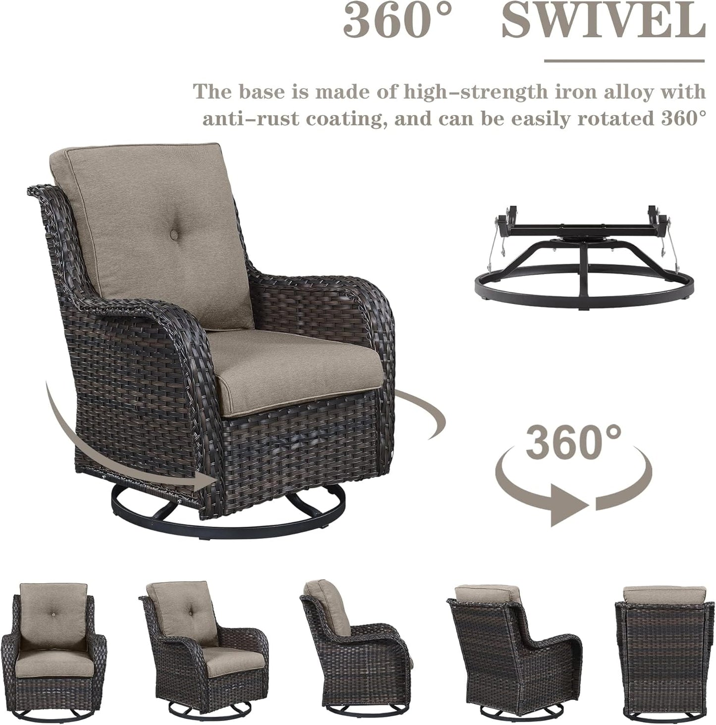 5 Piece Outdoor Patio Furniture Set - Outdoor Conversation Couch and Loveseat Glider Chair Furniture Set with Rattan Coffee Table for Deck Balcony Poolside Brown Wicker/Grey Cushions