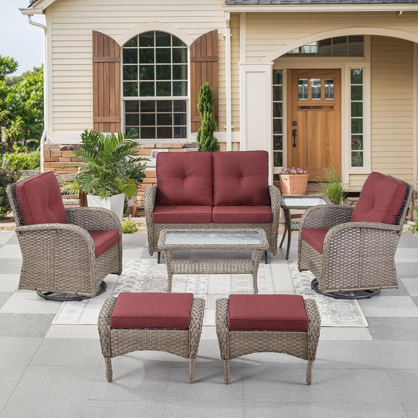 HUMMUH 7 Pieces Wicker Patio Conversation Set Outdoor Glider Loveseat with Patio Swivel Rocking Chairs Outdoor Patio Set for Deck Lawn Porch Balcony Poolside-Grey/Red
