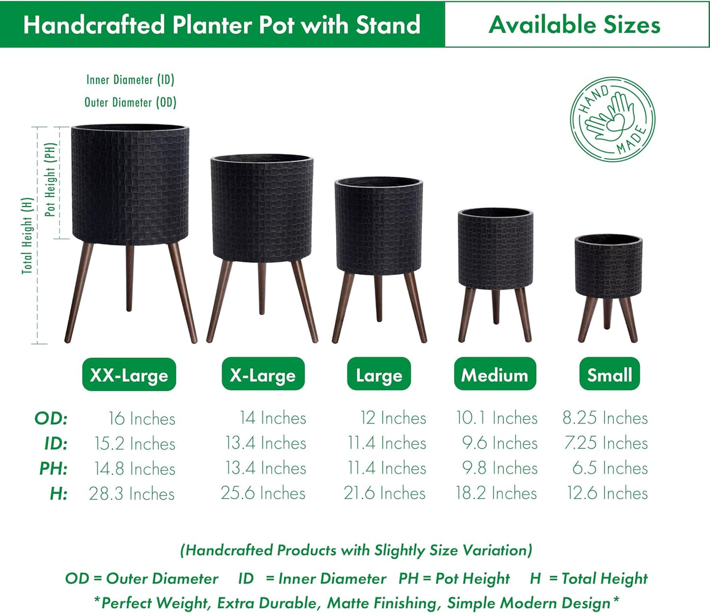 D'vine Dev 16 Inch Modern Geometric Tile Patterned Sleek Planter Pot with Stand, Indoor Outdoor Decorative Plant Holder, Distressed Black, 88-Z-E-5