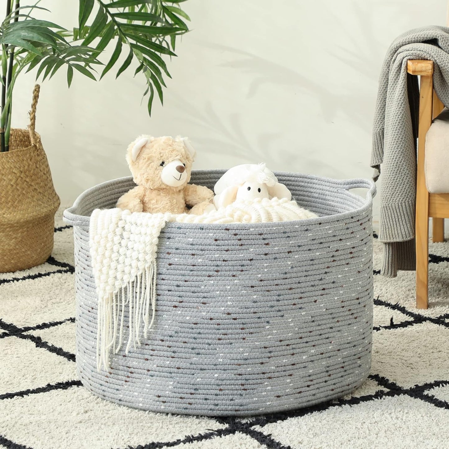 KAKAMAY Large Blanket Basket (20"x13"),Woven Baskets for storage Baby Laundry Hamper, Cotton Rope Blanket Basket for Living Room, Laundry, Nursery, Pillows, Grey with Blue & Brown Dotted