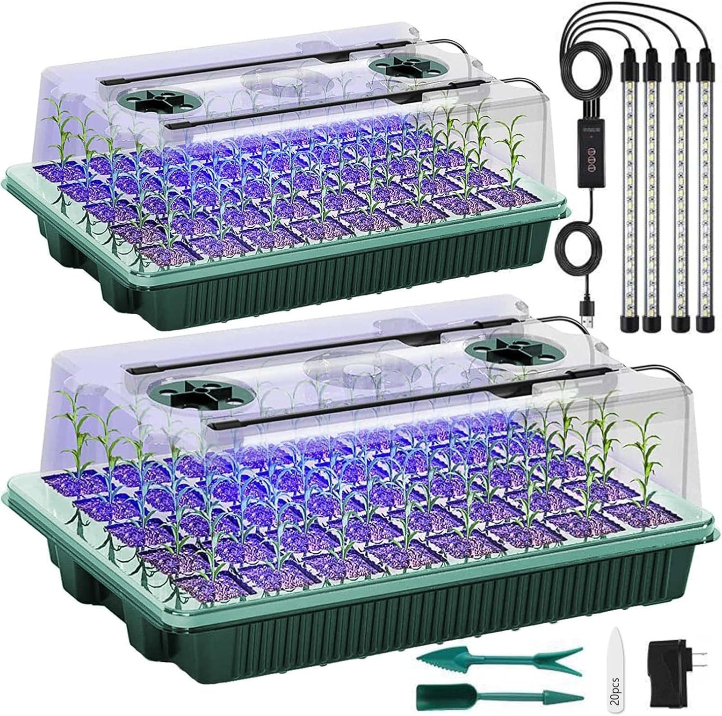 Seed Starter Tray with Grow Light, 2 Packs 80 Cells Seed Starting Kit Seedling Starter Trays with Grow Lights, Plant Germination Trays with Humidity Dome Plant Starter Kit