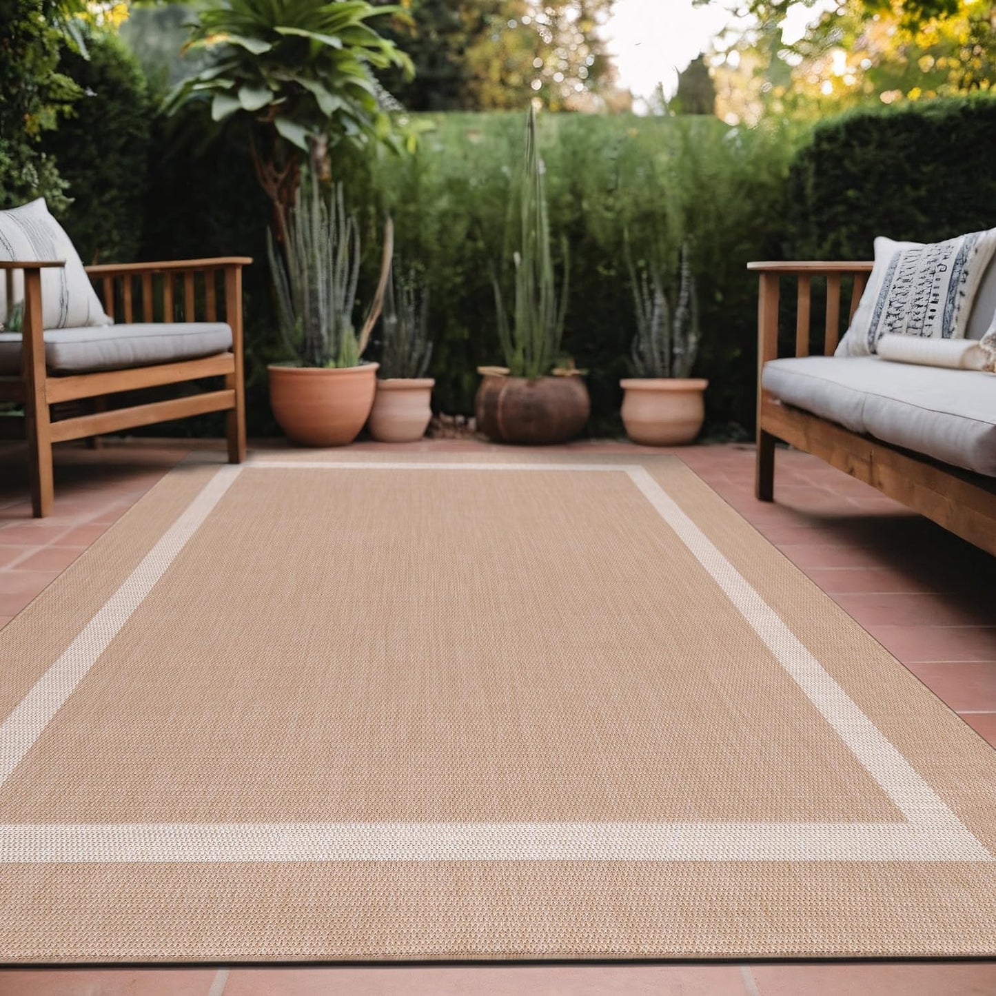 Bordered Outdoor Rug 5x7 Washable Outside Carpet for Indoor Patio Porch Waterproof Easy Cleaning Non Shedding Area Rugs Beige 5 x 7