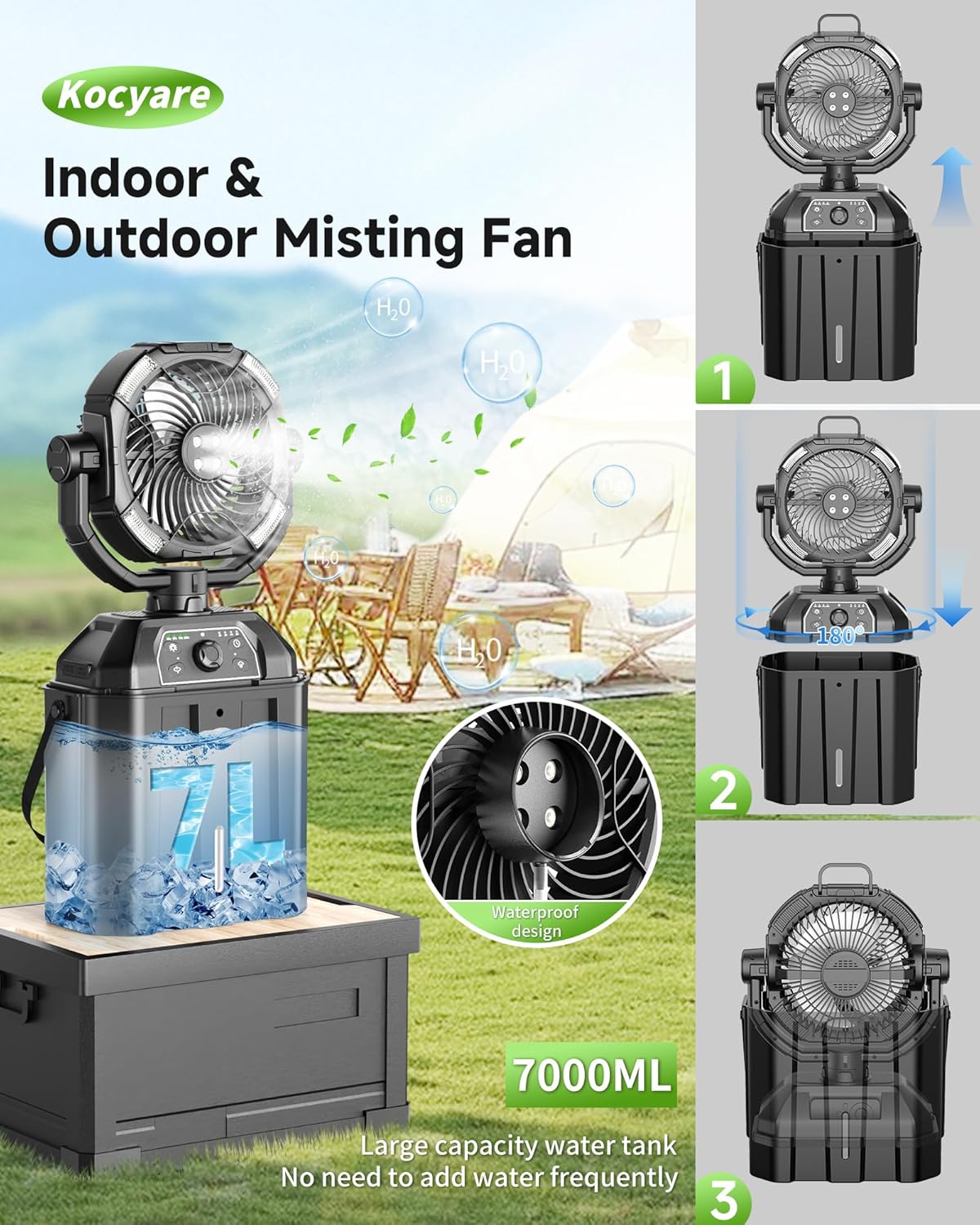 Misting fan with 7L bucket 90°Oscillating ,4 Spray Mister 25000mAh Rechargeable Camping fan with Remote Control Stepless Speed and Timer for Patios/Camping，Waterproof Design Outdoor Fans (Black)