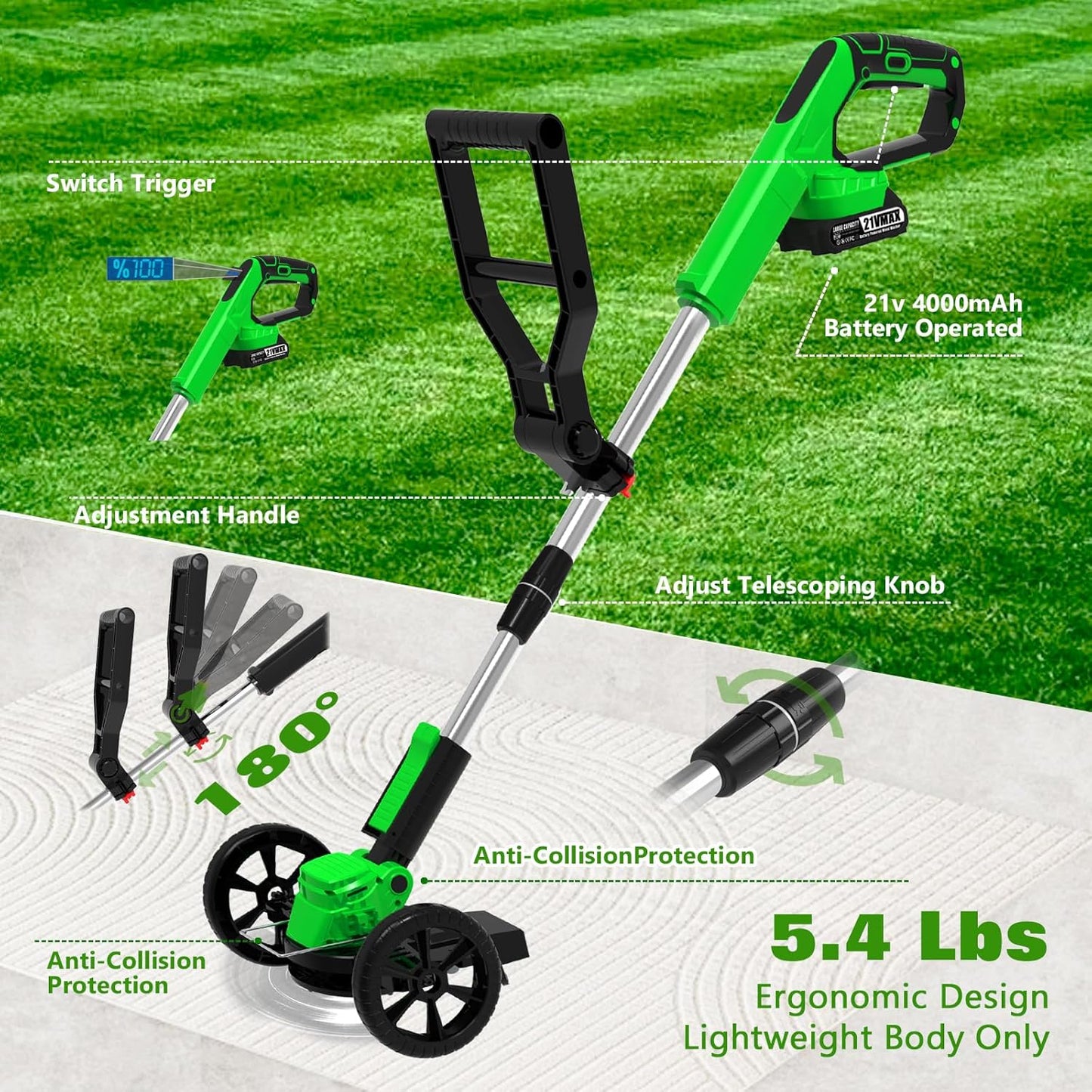 Electric Weed Wacker Eater Cordless Battery Powered, Weed Trimmer 21V Lightweight No-String with 2 Battery Operated & Wheels, 3 in 1 Stringless Grass Trimmer/Edger/Brush Cutter for Garden Yard Lawn