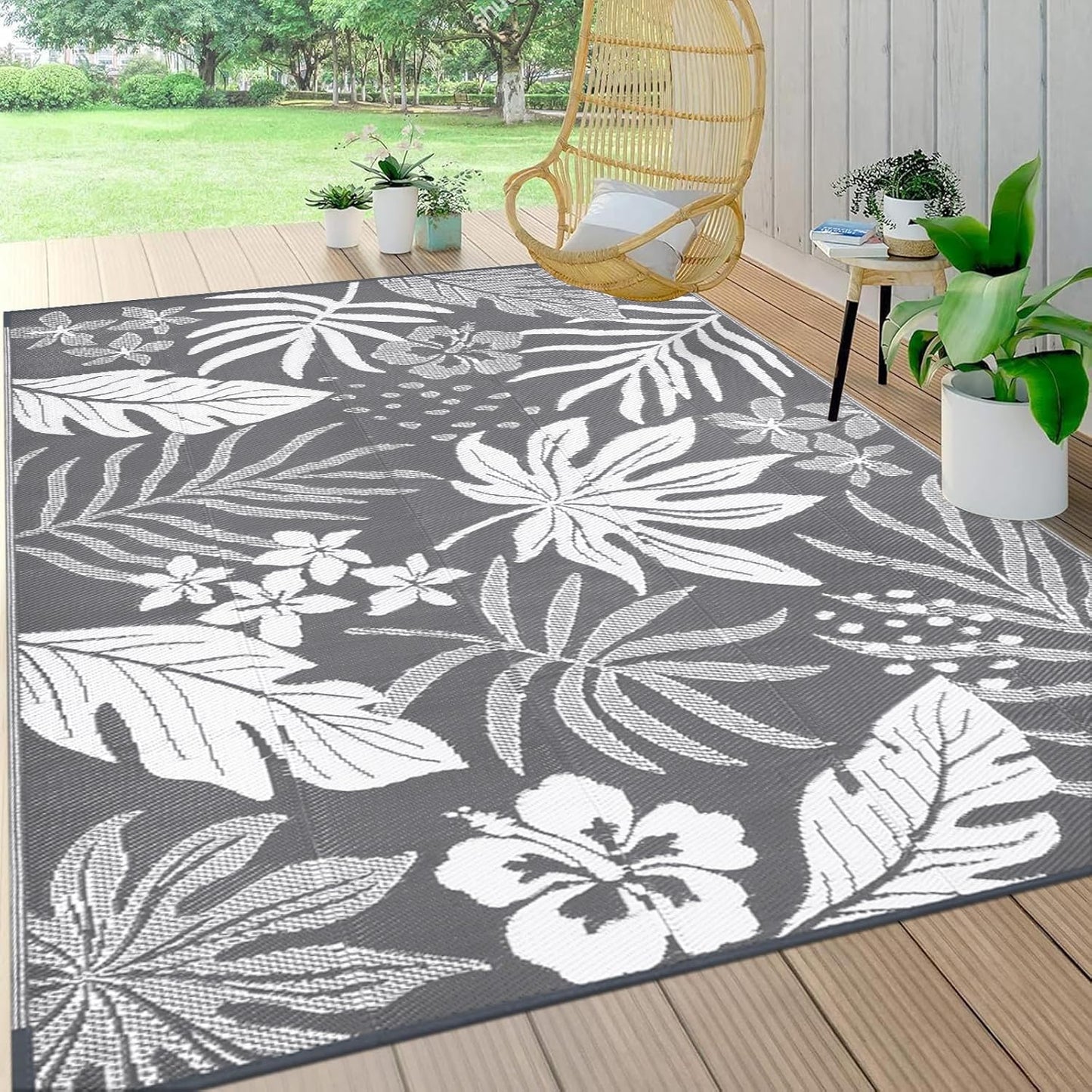 Pauwer Waterproof Outdoor Rug 6x9, Reversible Plastic Straw Patio Camping Rug, Indoor Outdoor RV Mat Carpet for Deck, Camper, Porch, Balcony, Backyard, Picnic, Floral Grey