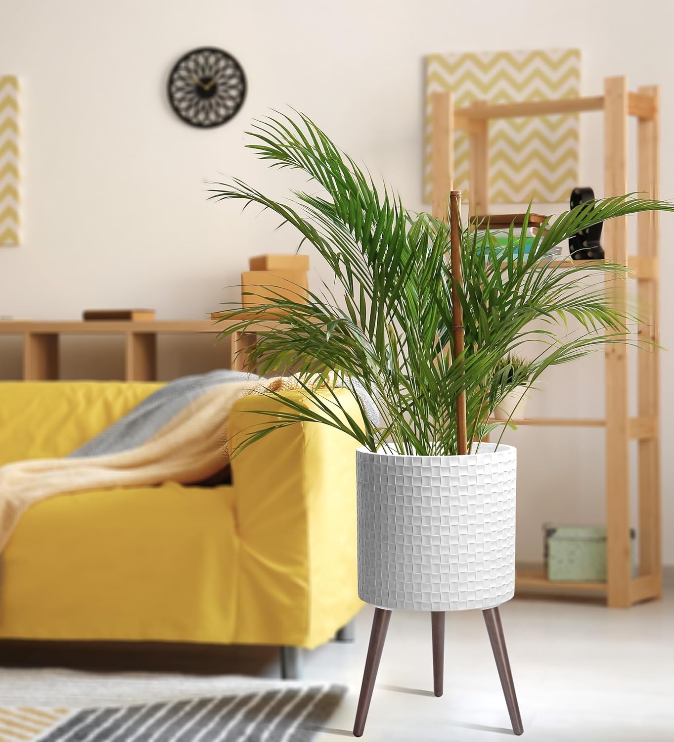 D'vine Dev 14 Inch Modern Geometric Tile Patterned Sleek Planter Pot with Stand, Indoor Outdoor Decorative Plant Holder, Matte White, 88-Z-D-1