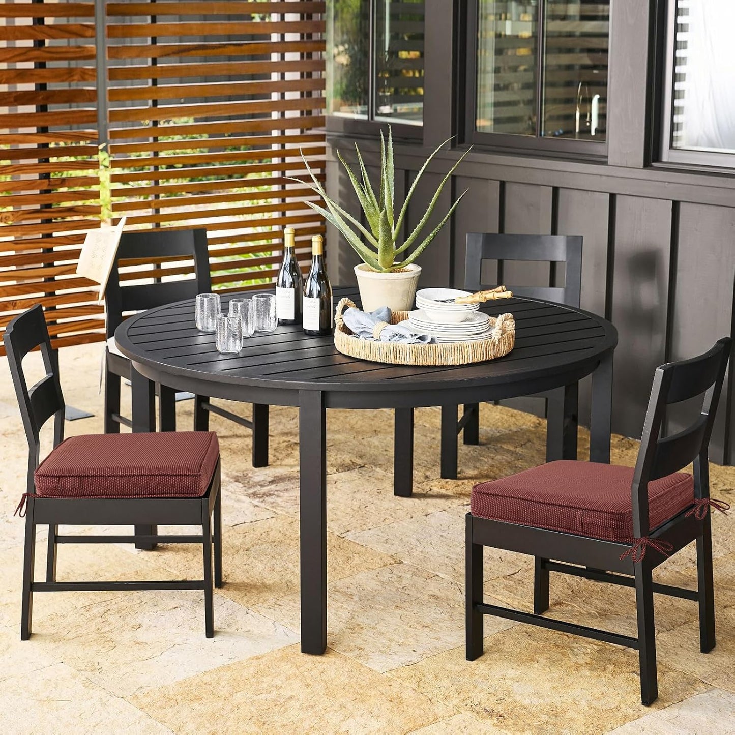 Outdoor Square Corner Seat Cushion, 18.5"x16"x3", Set of 4, Non Slip Seat Cushion Pads with Removable Cover for Patio Furniture, Garden Yard Lawn, Tan Dotted Red Base