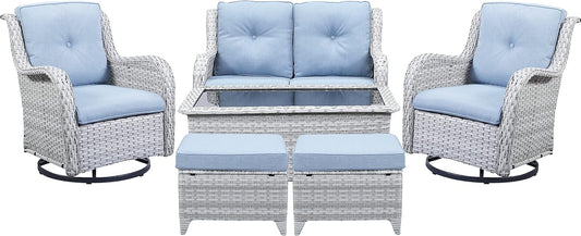 Wicker Outdoor Furniture Patio Furniture Set - 6 Piece Patio Conversation Set with Swivel Rocker Chairs, Loveseat Sofa, Ottomans and Coffee Table, Baby Blue Cushion