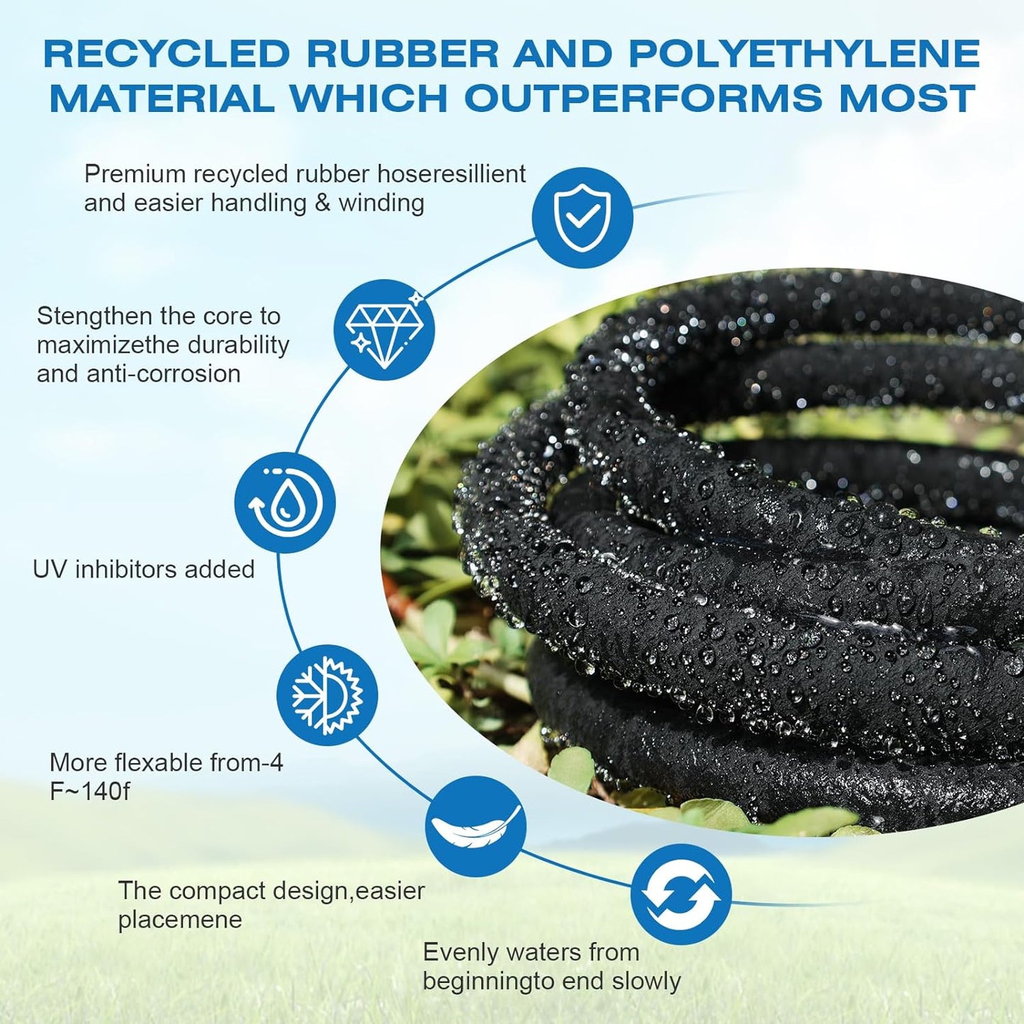Soaker Hose 100FT Heavy Duty Rubber Saves 75% Water End Cap Included for Additional Hose Connect Great for Gardens/Flower Beds