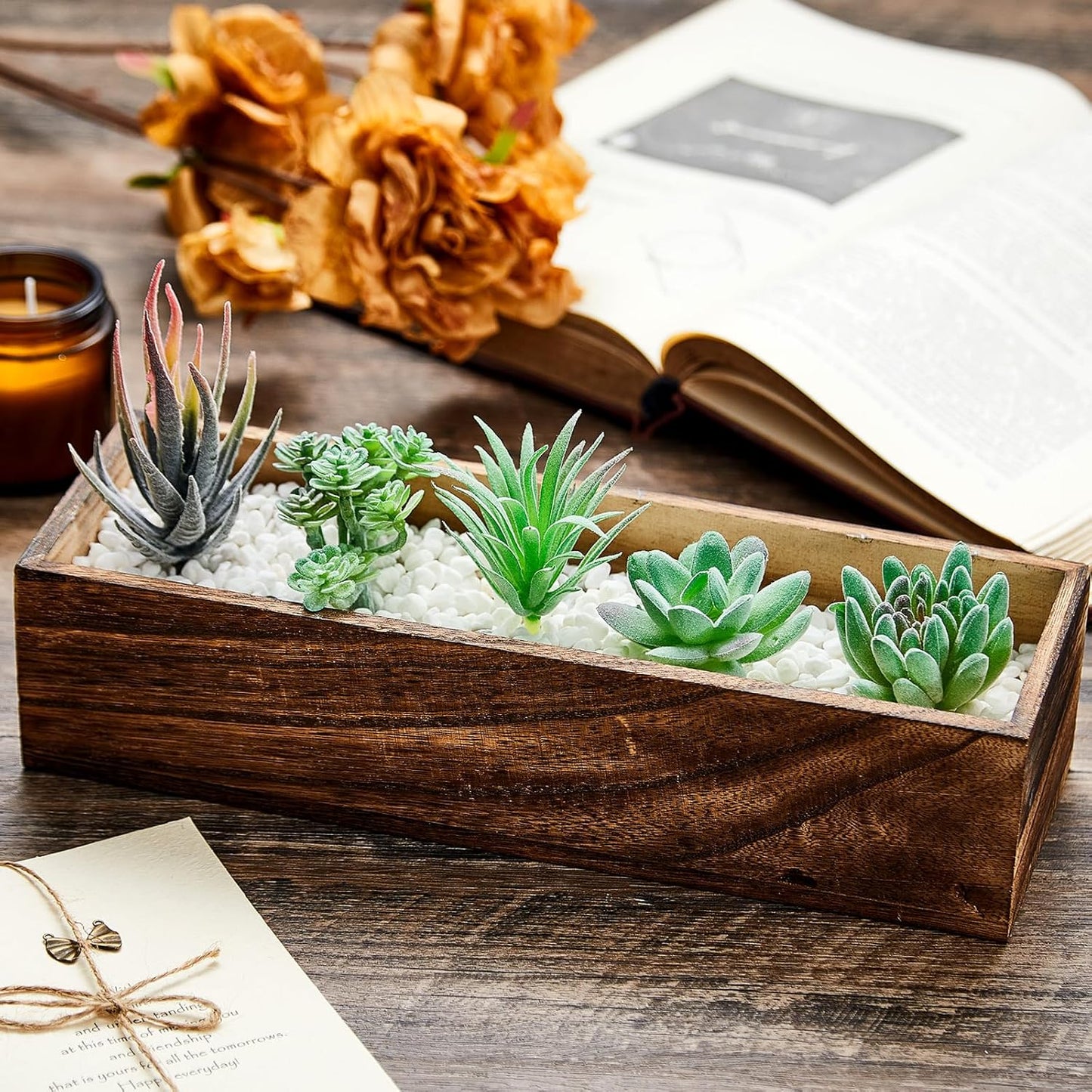 Dandat 2 Set Wood Boxes for Centerpieces Rectangle Wooden Planter Box Rustic Wood Planter with Removable Plastic Liner Floral Foam Blocks for Centerpieces Home Wedding Garden Decor (12x4 Inch)