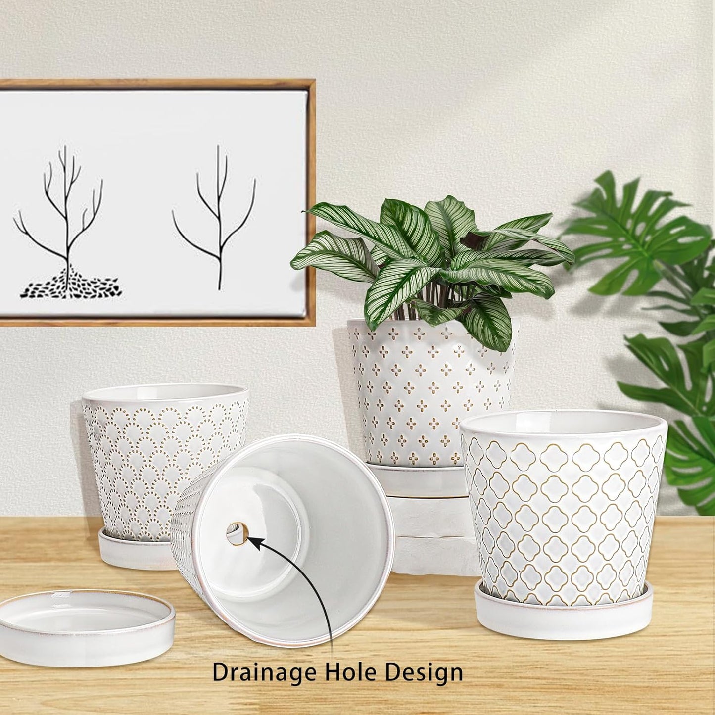 EFISPSS Ceramic Plant Pots Indoor, 5 Inch Planters with Drainage Holes and Ceramic Tray, Relief Design Flower Planter, Desktop Office Windowsill Decoration Gift Set of 4, White