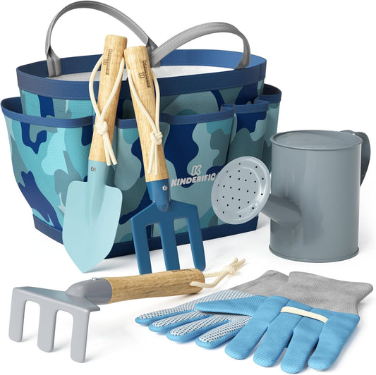 Gardening Set, Tool Kit, for Kids, STEM, Includes Tote Bag, Spade, Watering Can, Rake, Fork, Trowel and Gloves (Camo Quest)