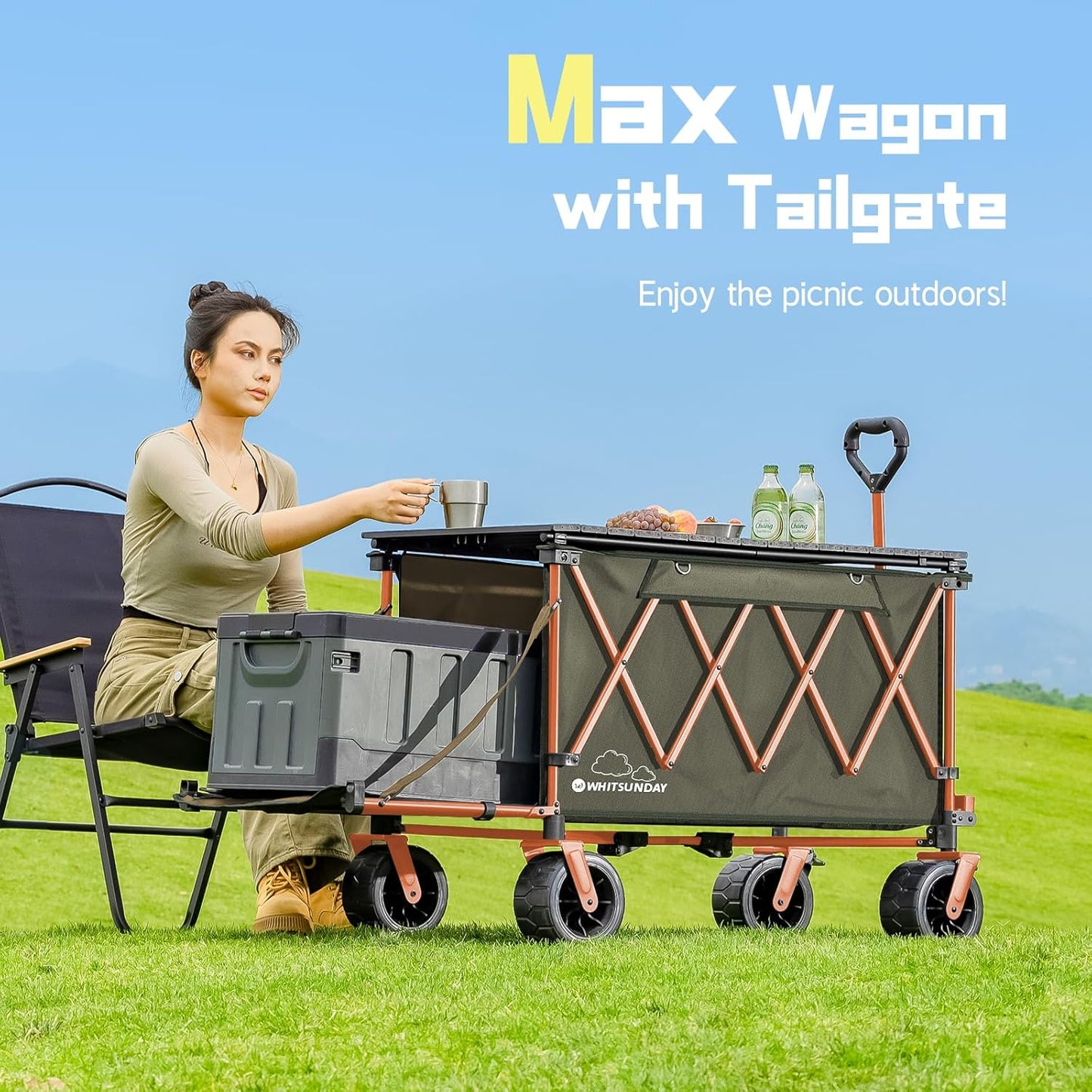 Whitsunday Collapsible Folding Wagon with Table, Heavy Duty Utility Beach Wagons with Opened Tailgate and All-Terrain Wheels for Camping,Garden,Sports (Max Orange)