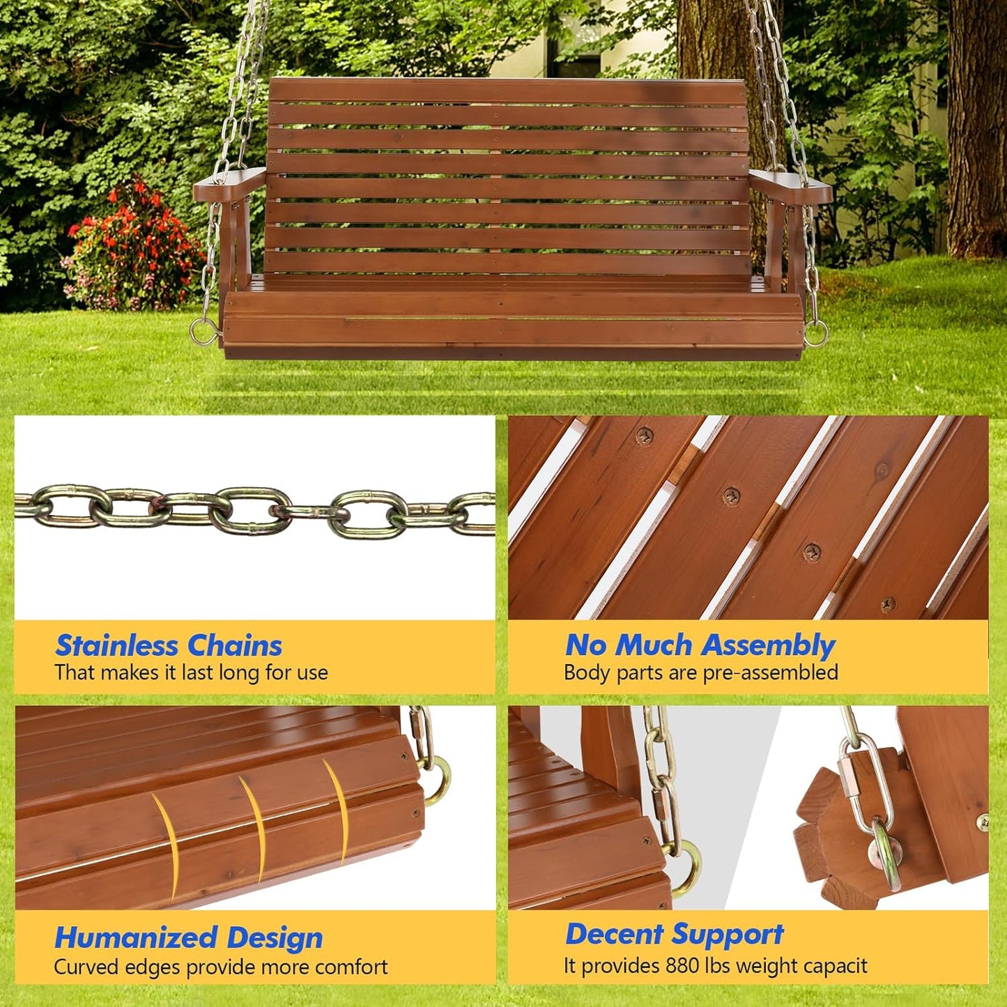 VINGLI Upgraded Patio Wooden Porch Swing for Courtyard & Garden, Heavy Duty 880 LBS Swing Chair Bench with Hanging Chains for Outdoors (Brown, 4 FT)