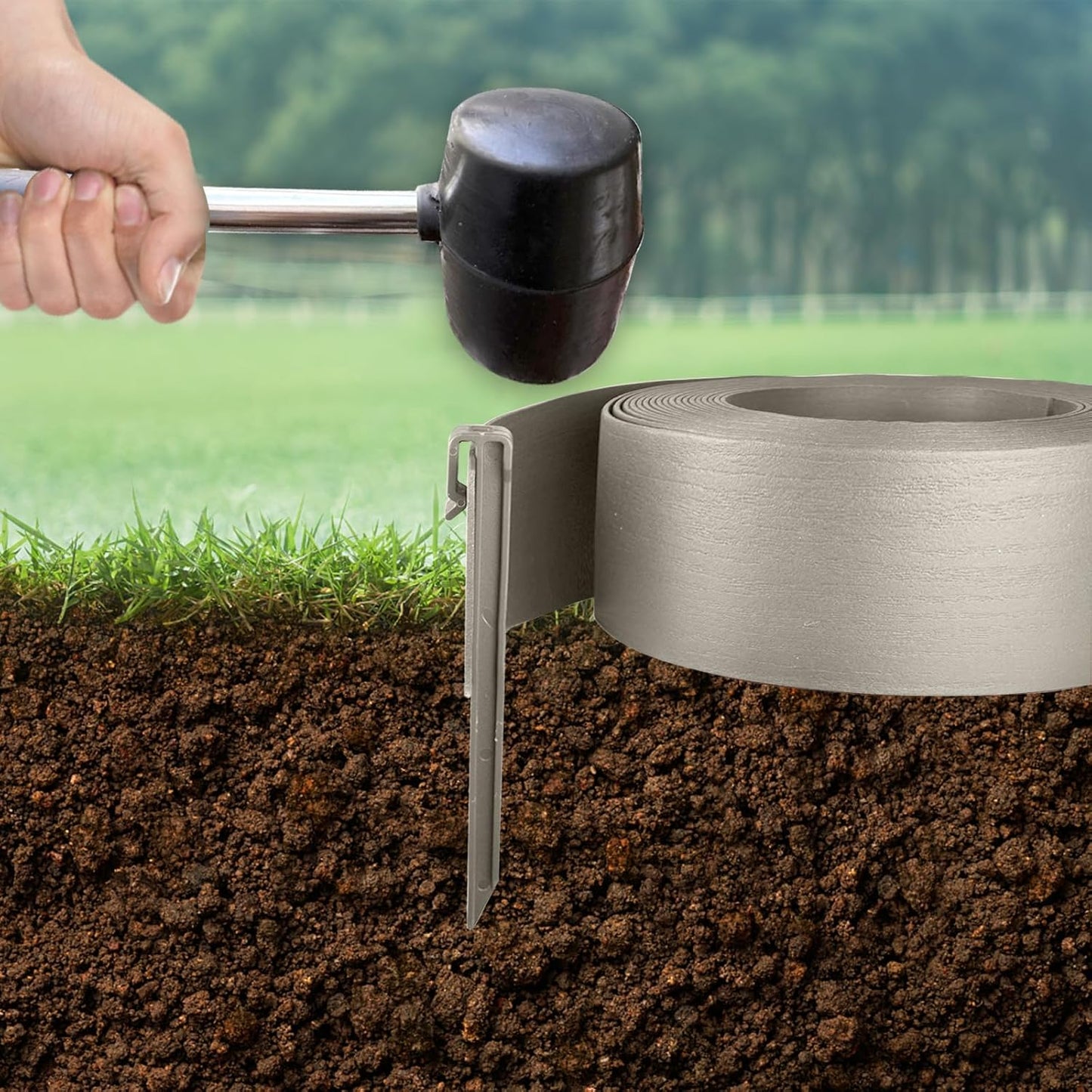 Landscape Edging Kit, Include 4 Inch High 120 Feet Length Terrace Board, 60 Durable Spikes, Edging Pruning Shear, Rubber Mallet Hammer, Gray