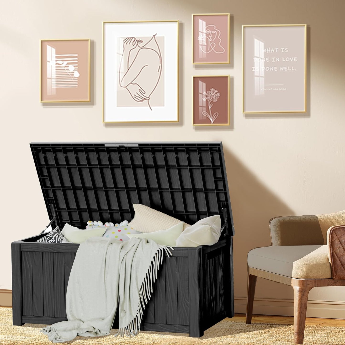 Extra-Large 150 Gallon Outdoor Chest Storage Waterproof - Outside Storage Box & Bench, Resin Deck Chest for Patio/Pool, Lockable UV-Resistant, Onyx Black