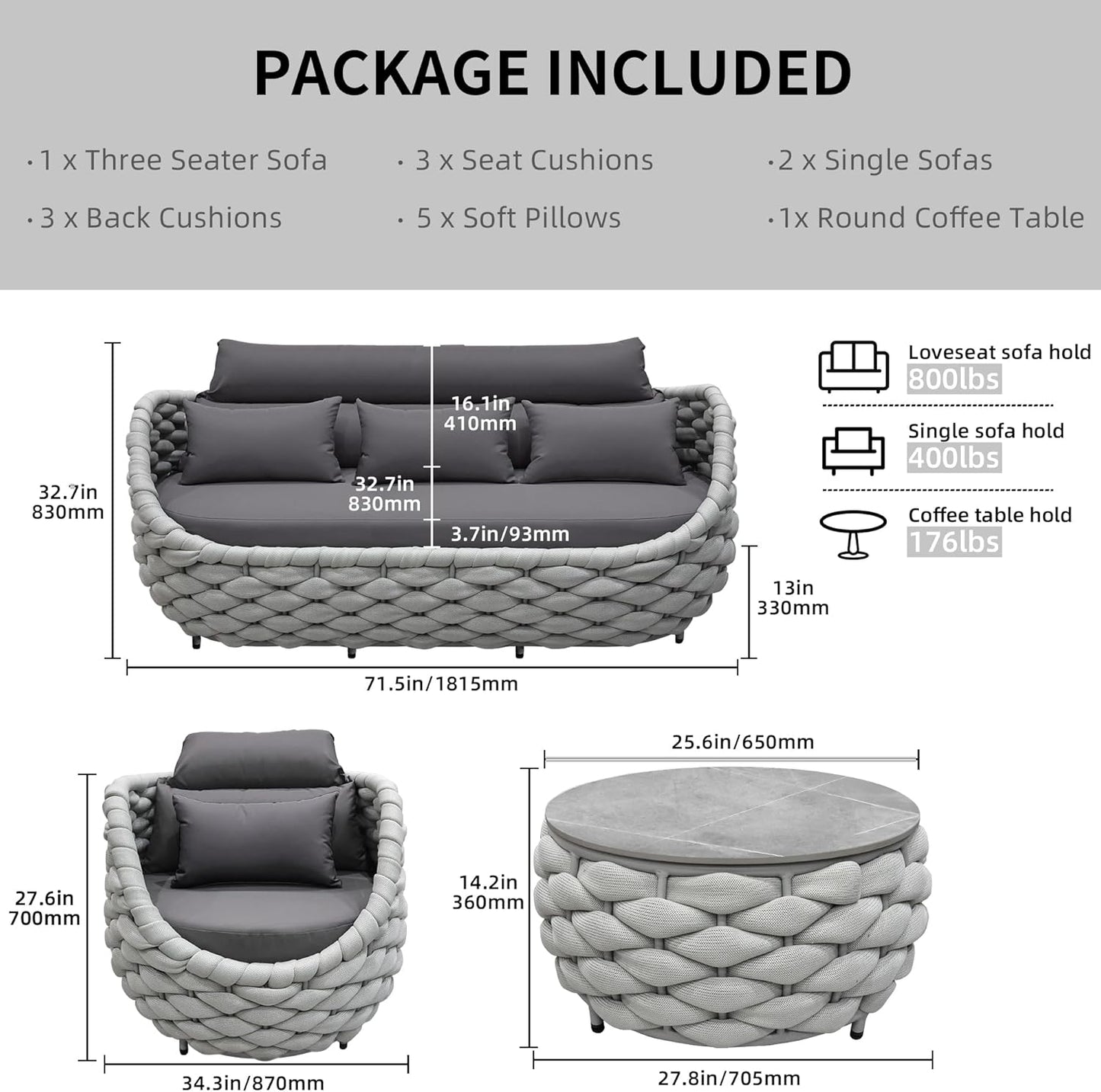 TWT Aluminum Patio Furniture Set Three Seater Sofa Outdoor Furniture Set w/Coffee Table,Patio Conversation Set with Hand Woven Polyester Rope for Bedroom Backyard Poolside, Grey