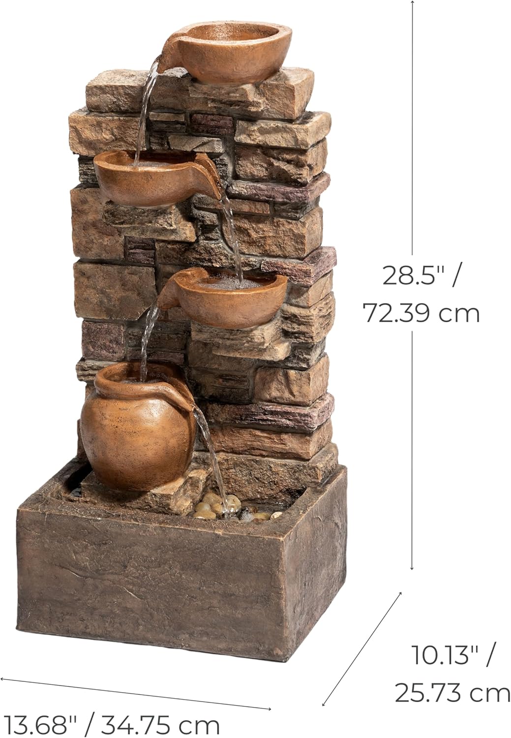 Teamson Home 28.5" Outdoor 4-Tier Stacked Stone Cascading Water Fountain with LED Lights, Brown