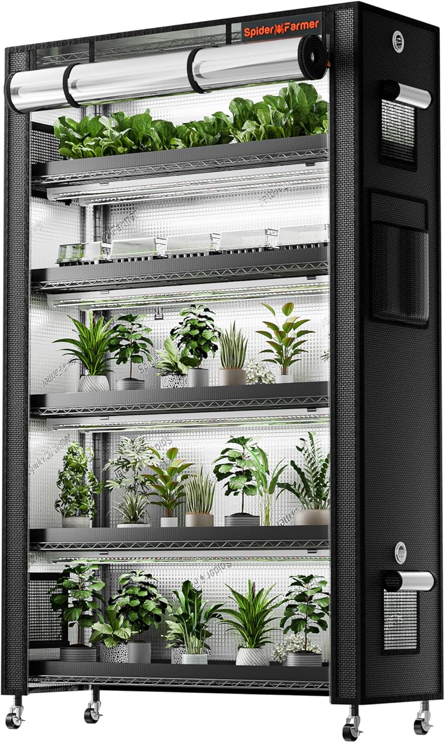 Spider Farmer 2025 Plant Stand with Grow Lights, 6-Tier Plant Shelf with 10Pcs 3ft Full Spectrum 220W Led Lamp and Grow Tent, for Veg Seed Starting Plants Growth Greenhouse 5000K 43Lx16Dx71H (Update)