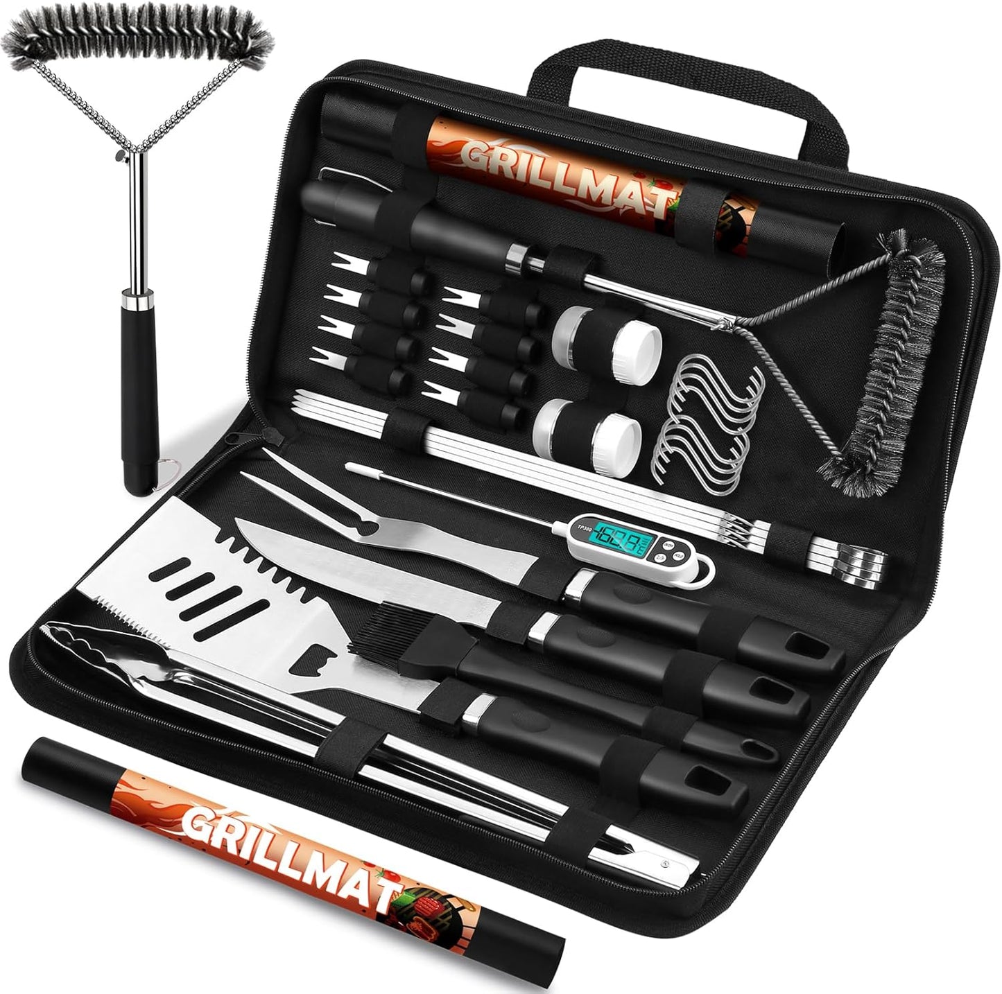 31pcs BBQ Grill Accessories Set for Men Dad, Heavy Duty Grilling Tools Gifts for Fathers Day, Stainless Steel BBQ Utensils Kit with Mats, Grill Brush in Carrying Bag Black