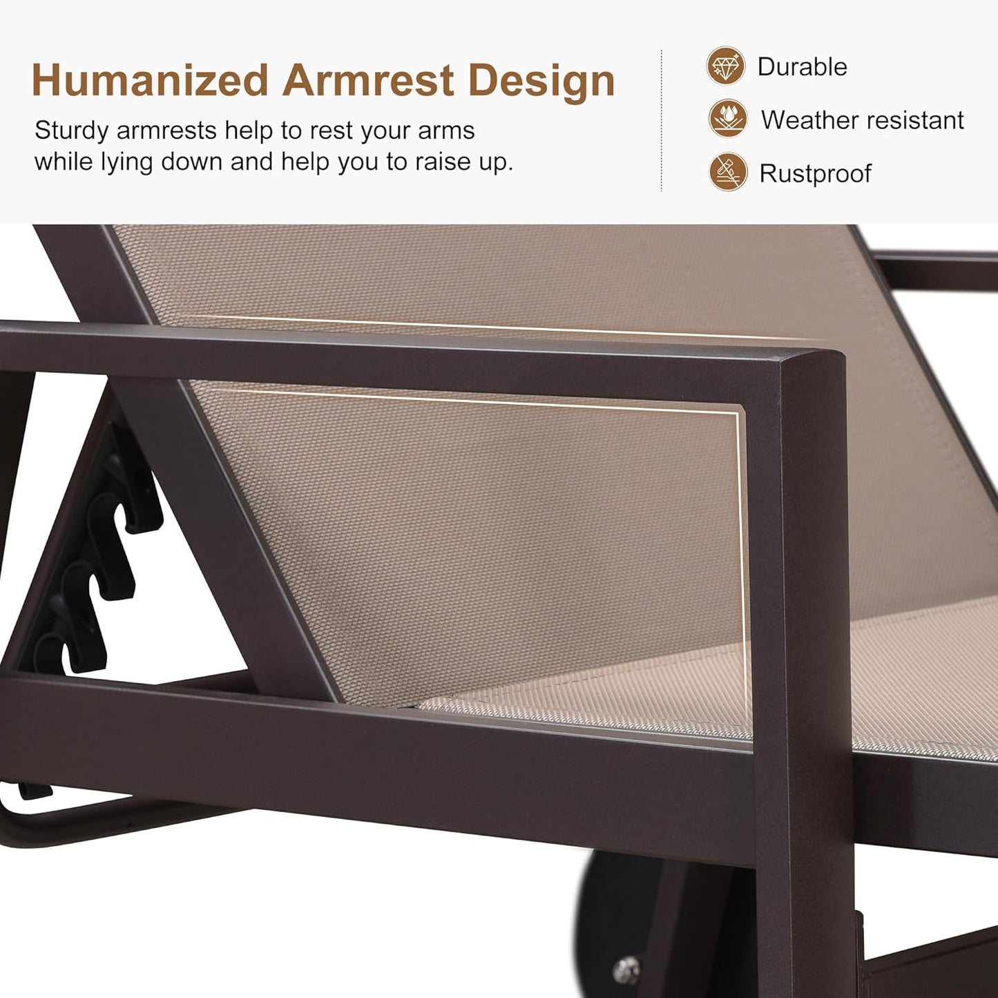 PURPLE LEAF Pool Lounge Chairs Set of 3 Aluminum Outdoor Lounge Chairs with Wheels and Armrests Adjustable Patio for Deck Outside Lawn Garden, Taupe