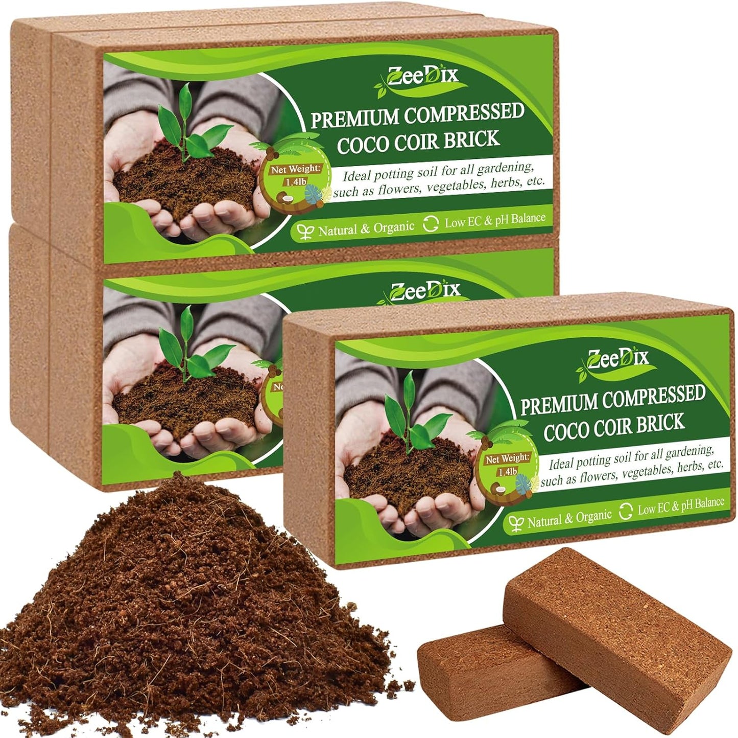 ZeeDix 5 Pack Premium Coco Coir Brick, Organic Compressed Coconut Coir Bricks Seed Starter Potting Soil for Plants, Coconut Fiber Substrate with Low EC & pH Balance for Gardening Flower Herbs