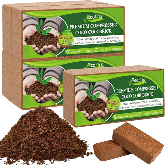 ZeeDix 5 Pack Premium Coco Coir Brick, Organic Compressed Coconut Coir Bricks Seed Starter Potting Soil for Plants, Coconut Fiber Substrate with Low EC & pH Balance for Gardening Flower Herbs
