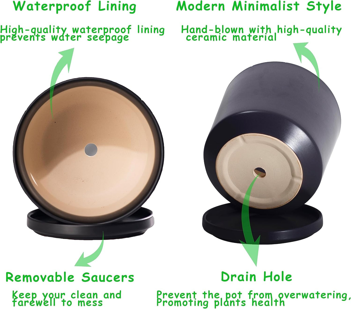 Ekirlin 9 inch Plant Pots,Ceramic Flower Planters Indoor,Modern Succulents Containers with Drain Hole Saucer,Decorate Home,Office & Outdoor (Black)