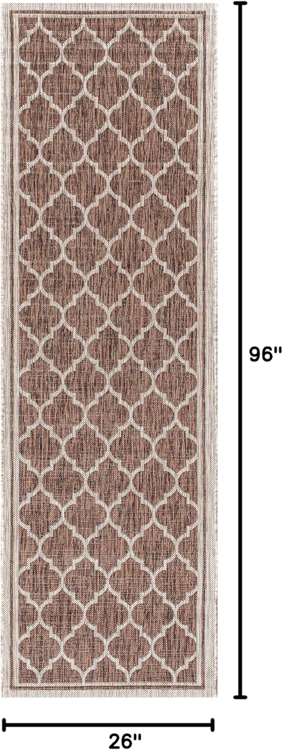 Eyely BMS109B-28 Santa Monica Trebol Moroccan Trellis Textured Weave Indoor/Outdoor Runner Rug Coastal;Bohemian, Bedroom, Backyard, Patio, Easy-Cleaning, Non-Shedding, 2 X 8, Espresso/Taupe