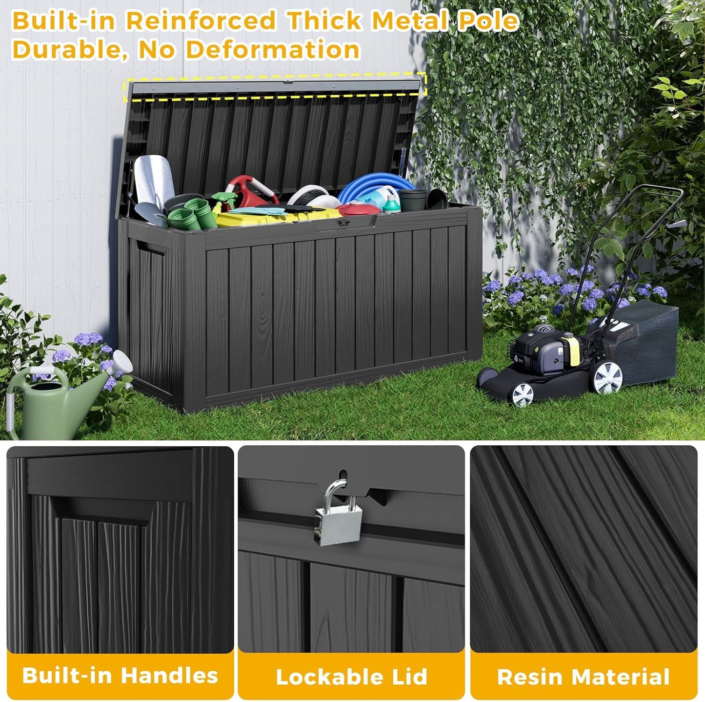 80 Gallon UV Resistant Outdoor Storage Box Waterproof, Lockable Resin Deck Box for Garden Tools, Sports Equipment and Cushions, Black