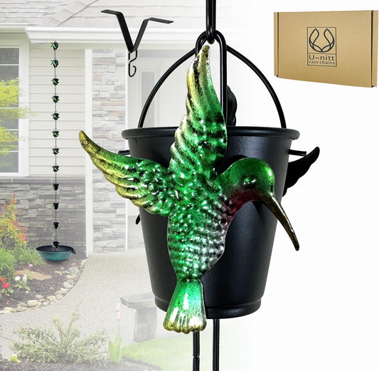 U-nitt Rain Chain Water Collection for Gutters, Rainwater Catcher & Diverter, 8.5 FT Chains for Outside Garden, Bird Bucket Cups, Roof Downspout, Works with Heavy Rain, w/Gutter Clip for Rainchains