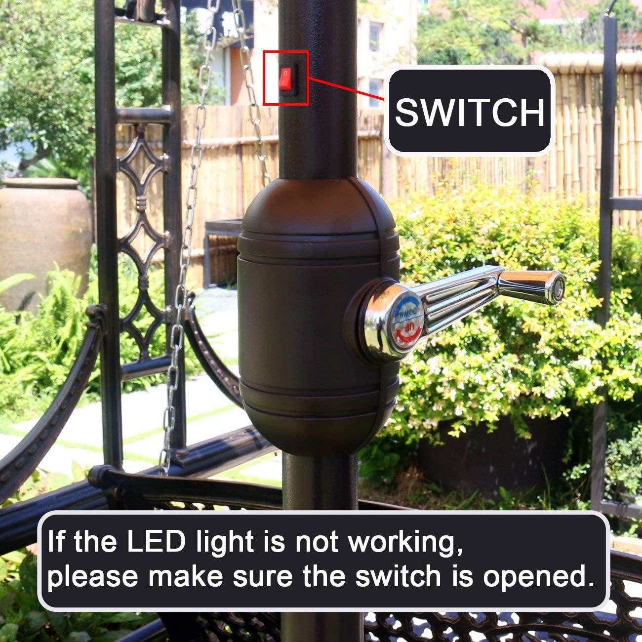 Sunnyglade 9' Solar 24 LED Lighted Umbrella with 8 Ribs Adjustment and Crank Lift System for Patio - Black and White