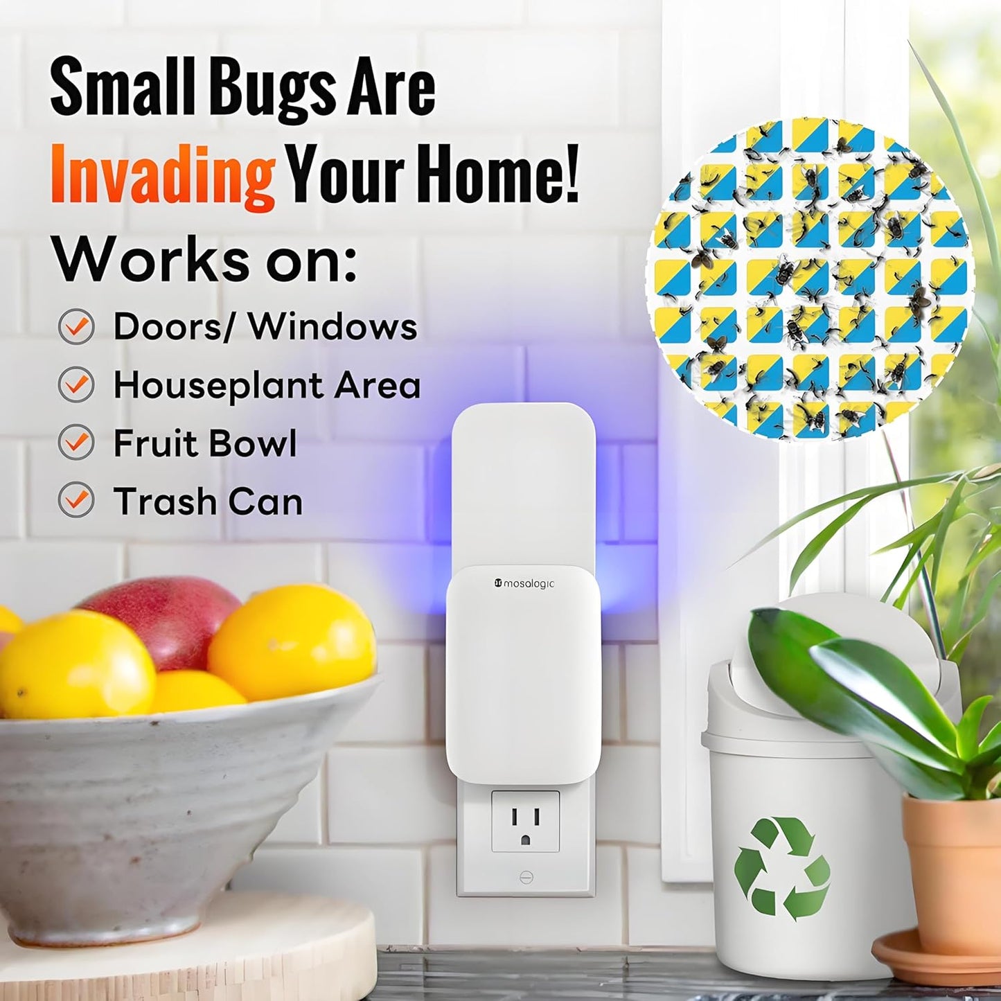 Mosalogic Fruit Fly Traps for Indoors Gnat Trap for House Indoor-600 Sqft Protection Area UV Fly Insect Trapper for Fruit Flies，Gnats，Mosquito，and Other Flying Insect Plug-in Bug Killer White 2Pack