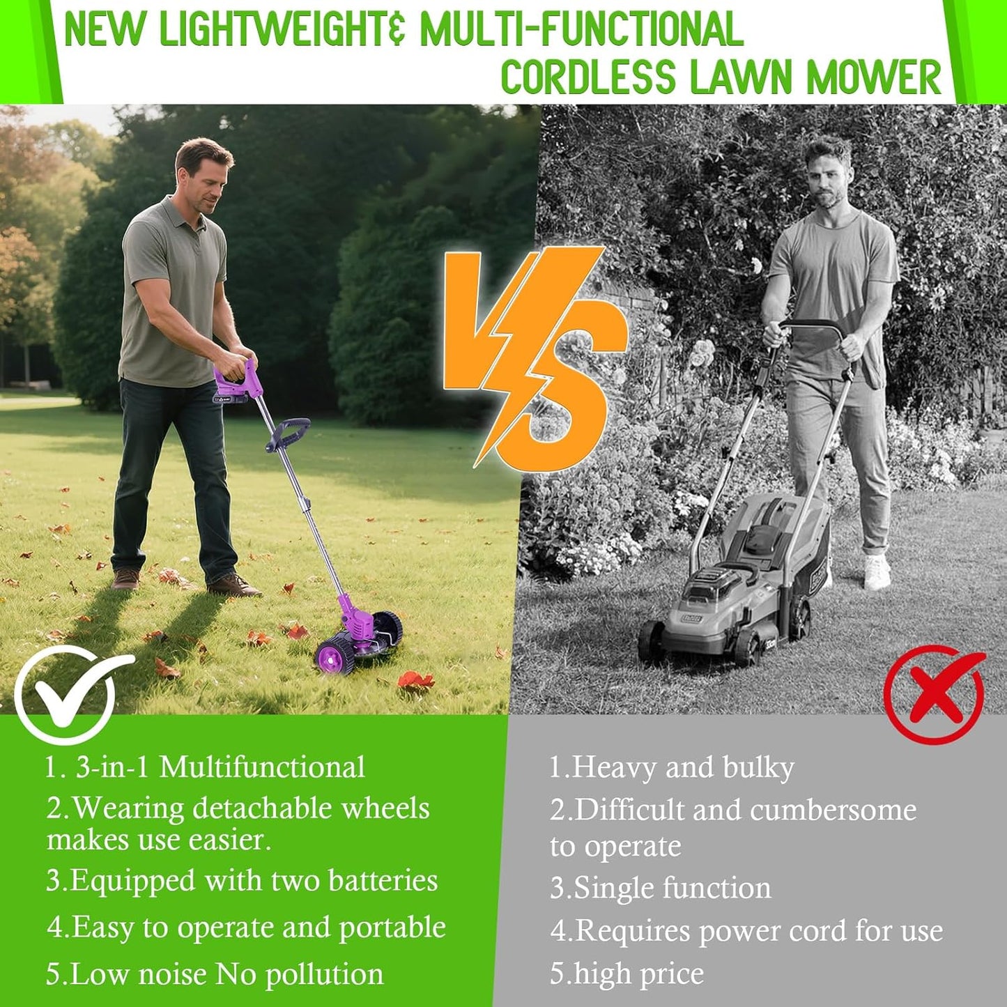 Weed Wacker Cordless Adjustable Weed Eaters 3 in 1 Electric String Trimmer Lawn with Two Battery with Charger Comes with Multiple Blades for Yard,Green,Garden(Purple)