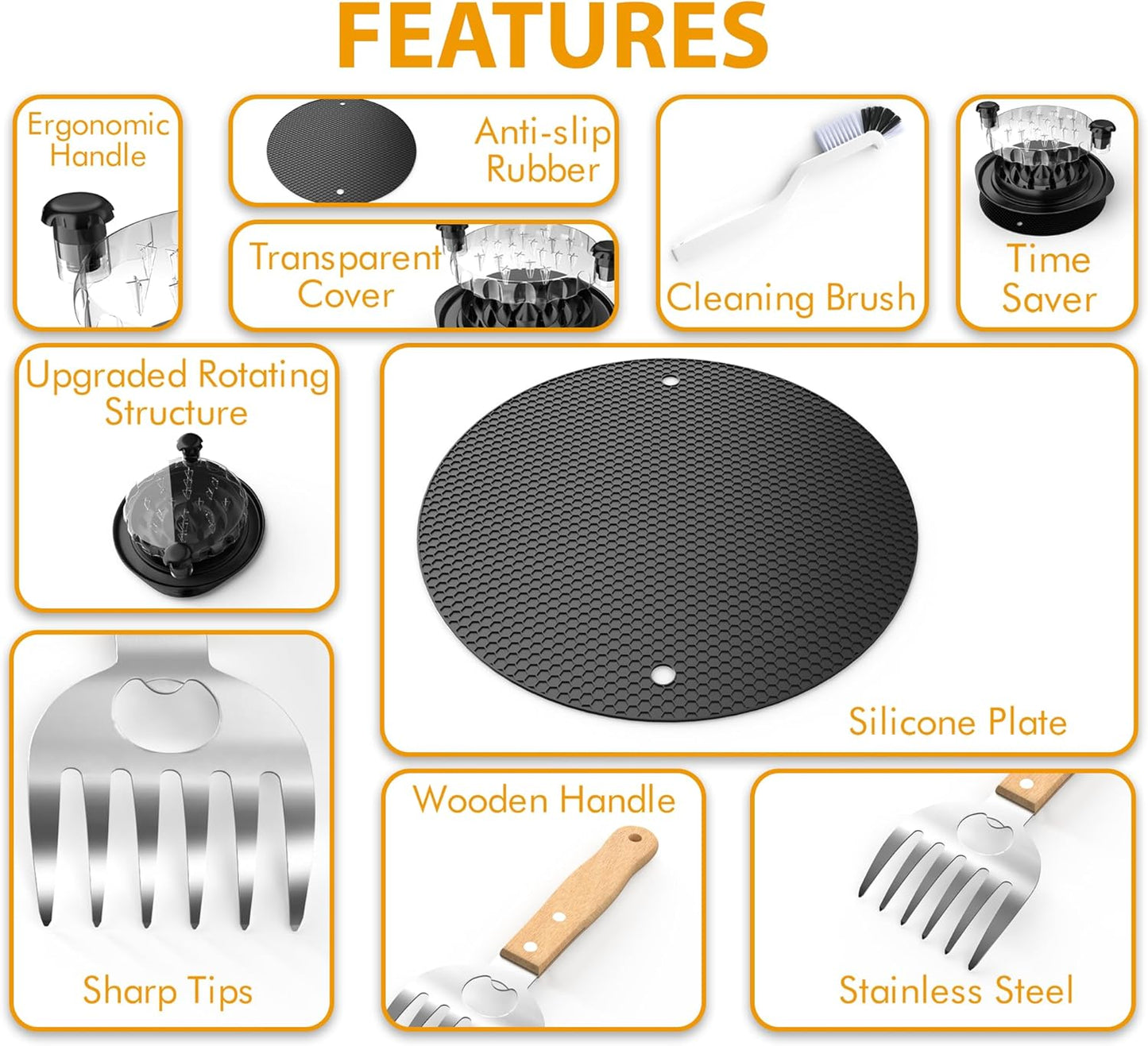 Chicken Shredder Tool Twist Plus Meat Claws and Cleaning Brush - Kitchen Essentials - Meal Prep Tools - Pulled Pork Shredder - Meat Shredder Tool Twist - Kitchen and Barbecue Gifts