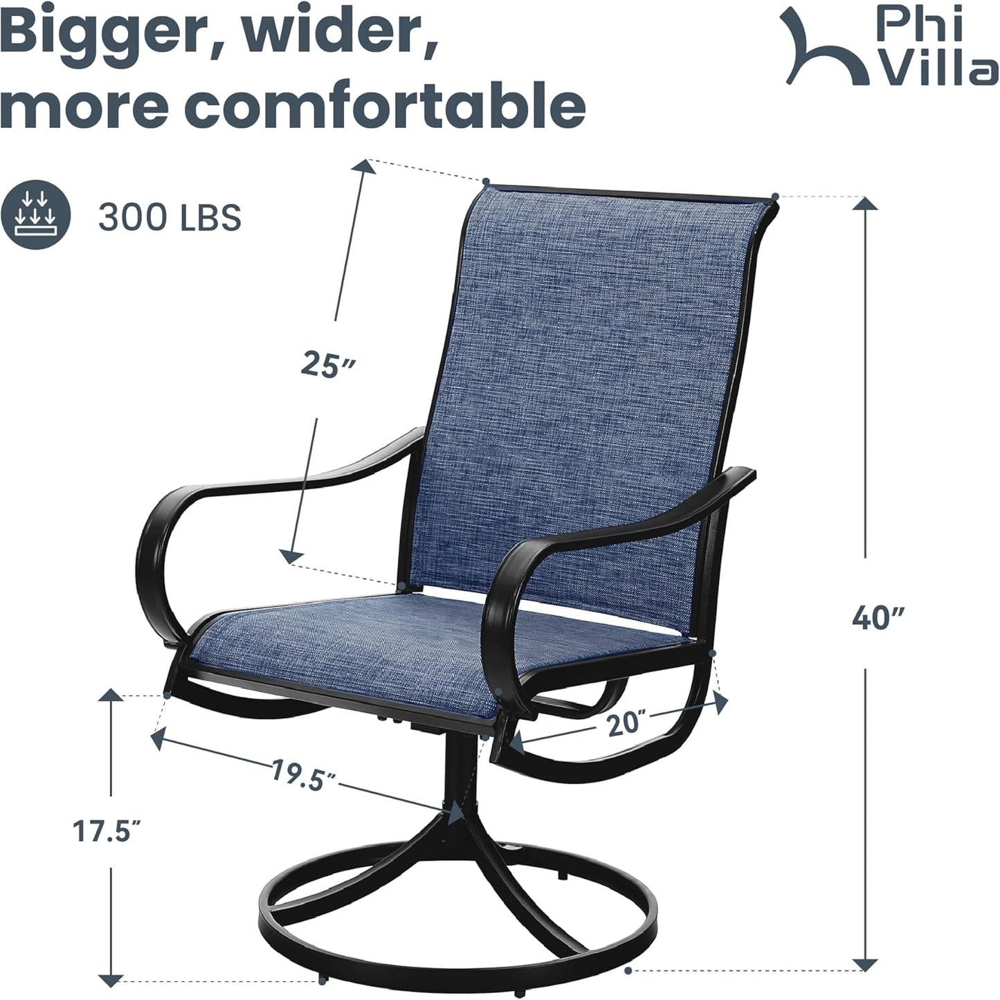 PHI VILLA Patio Swivel Dining Chairs Set of 4, All Weather Outdoor Chair with Textilene Mesh Fabric & Black Metal Frame for Outdoor Lawn Garden Poolside (Blue)