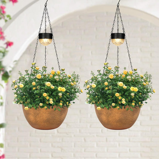 2 Packs Hanging Planters Basket for Outdoor Plants, Solar Powered Self Watering Bronze Round Plastic Flower Pots with Drainer for Balcony Patio Garden Outdoor Decoration