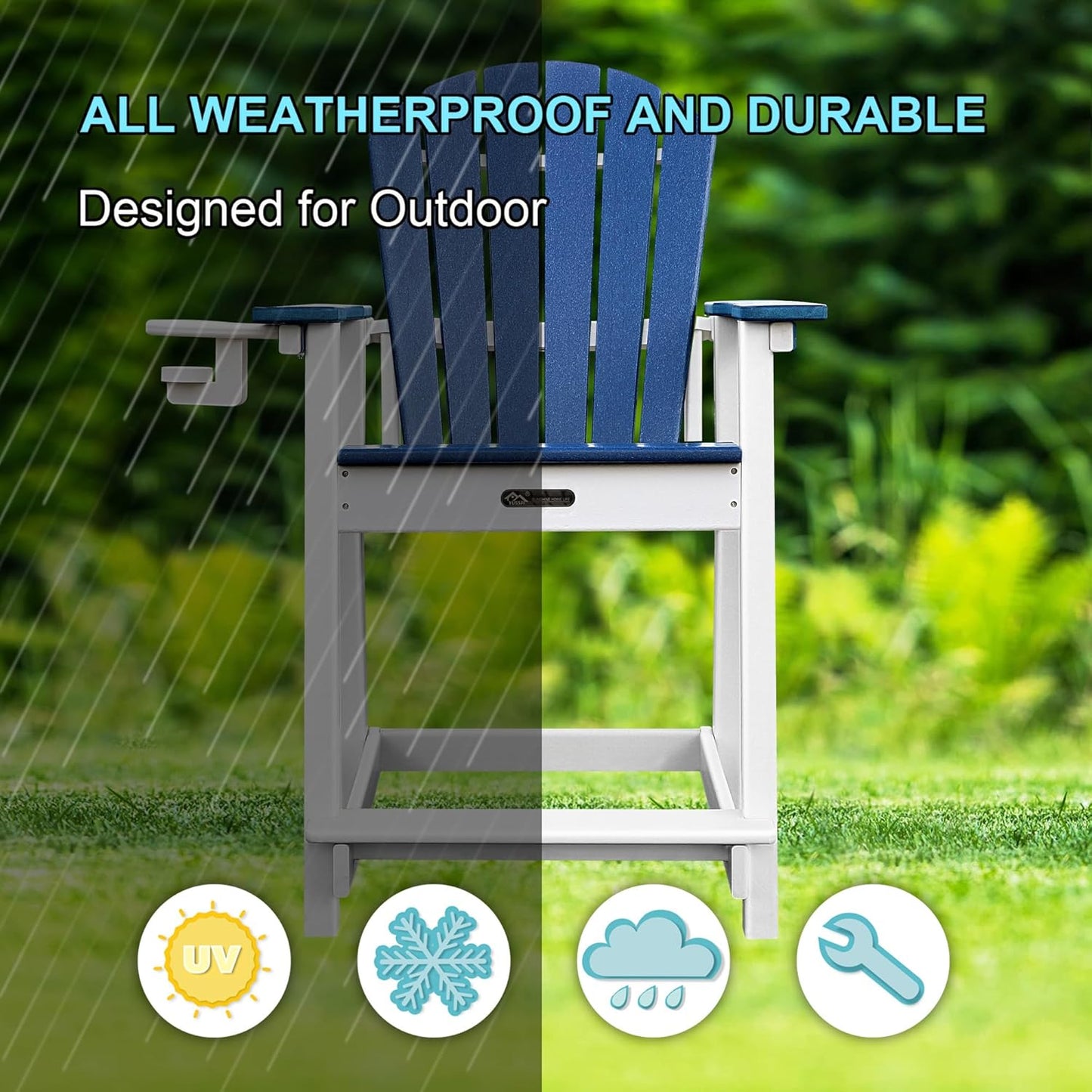 Tall Adirondack Chairs, Adirondack Barstools, Weather Patio Garden Pool Fire Pit Balcony Outdoor Bar Stools HDPE Plastic Barstools with Backs for Garden, Backyard, Yard (Blue)