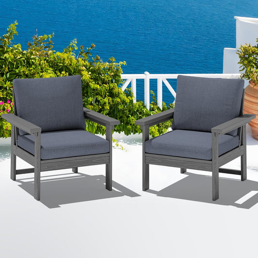 SERWALL Outdoor Patio Sofa Set, 2-Piece HDPE Single Seat Outdoor Sofa Chair with Padded Cushions, Gray Frame with Gray Cushion