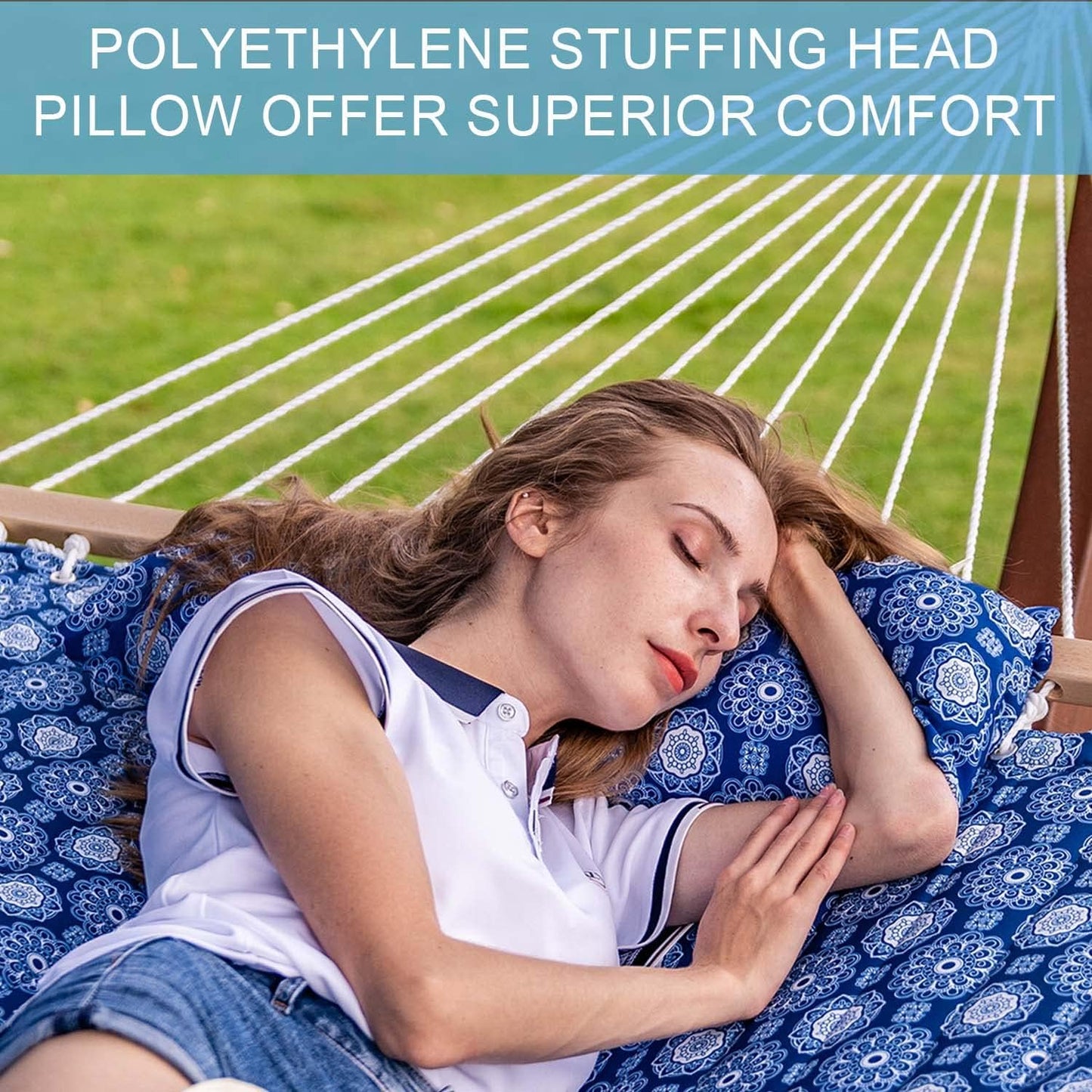 Lazy Daze Hammocks 12 FT Double Quilted Fabric Hammock with Spreader Bars and Detachable Pillow, 2 Person Hammock for Outdoor Patio Backyard Poolside, 450 LBS Weight Capacity, Blue Floral,HM003648