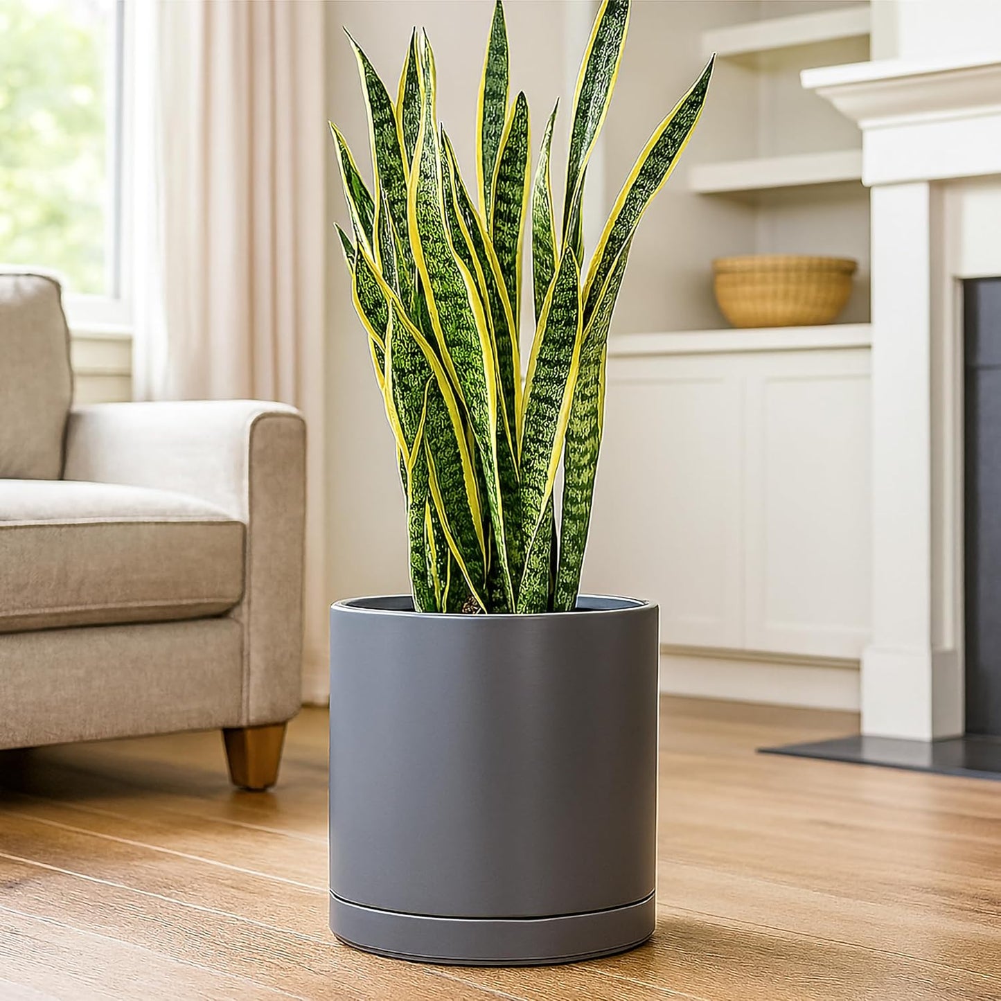 D'vine Dev 12 Inch Ceramic Planter Pot with Drainage Hole and Saucer, Indoor Cylinder Round Planter Pot, Speckled Grey, 94-O-F-3