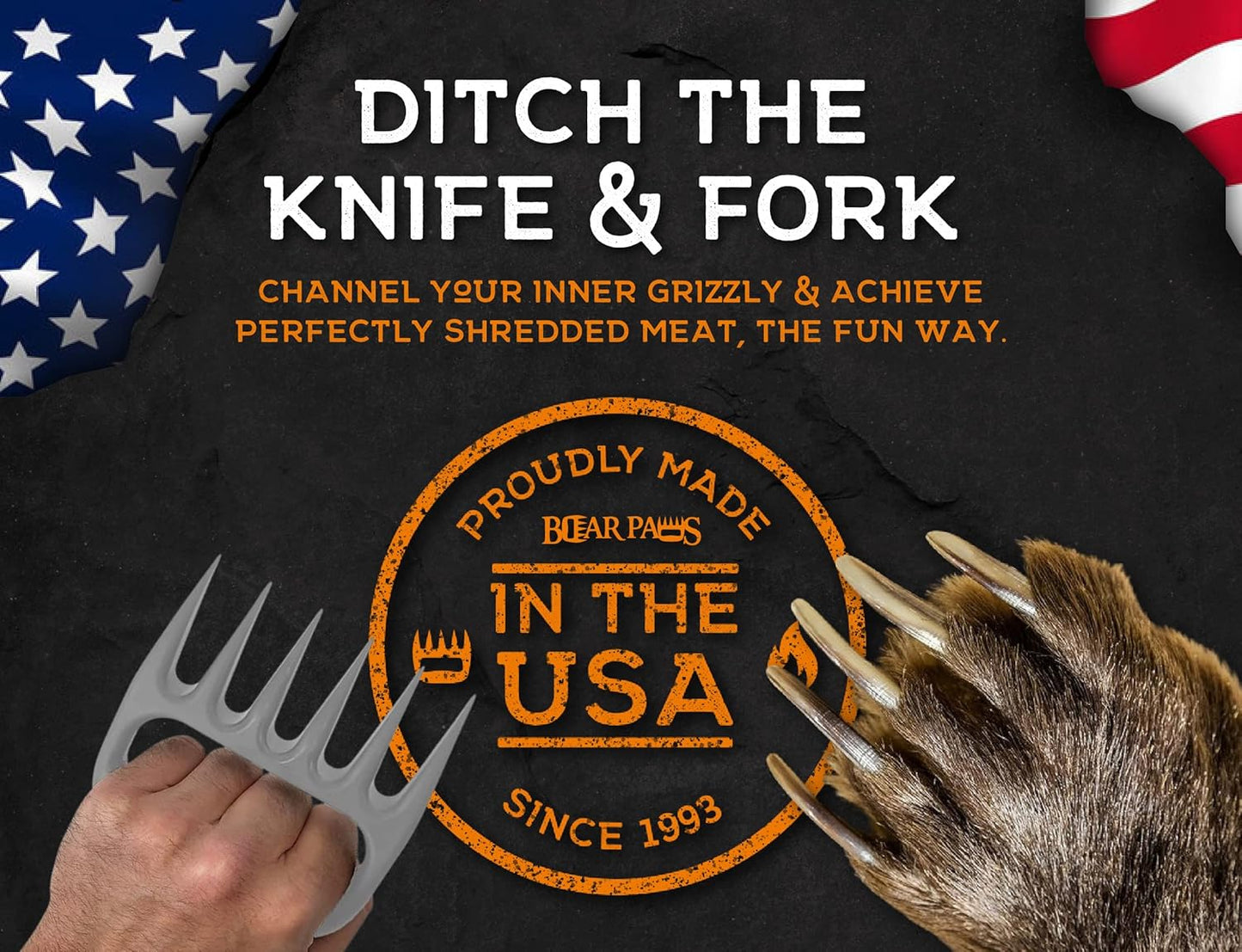 Bear Paws Meat Claws - The Original Meat Shredder Claws for Pulled Pork, USA Made - Easily Lift, Shred, Pull and Serve Pork, Chicken, Brisket and Turkey - Gift for Dad on Father's Day! (Gray)