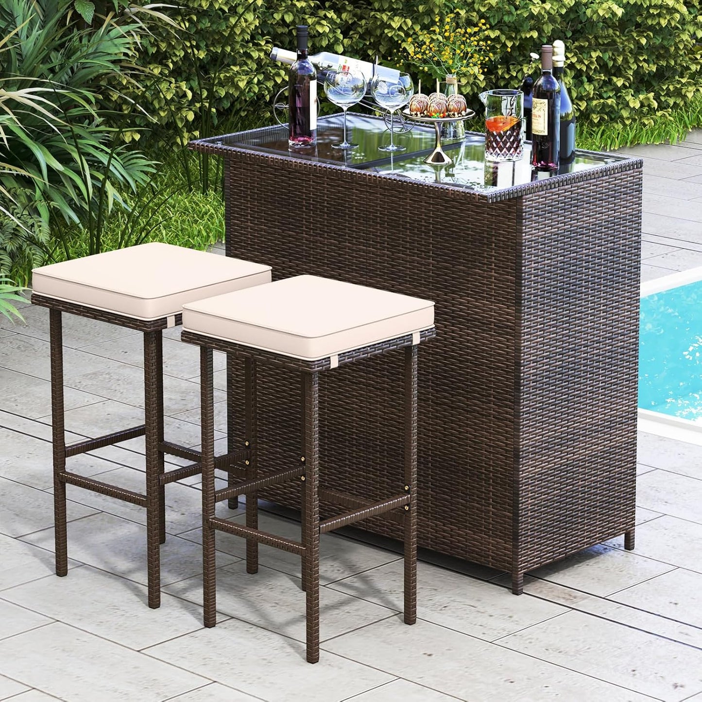 Tangkula 3 Piece Patio Bar Set, Outdoor Rattan Bar Table and 2 Stools with Tempered Glass Tabletop, 2-Tier Storage, Removable Cushions, Outside Wicker Conversation Set