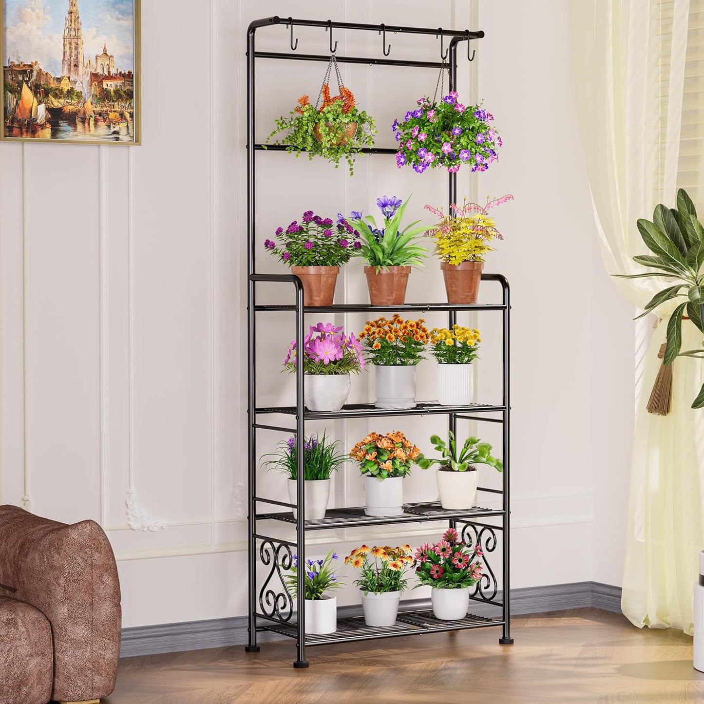 Plant Stand Indoor Outdoor Heavy Duty Metal - 68.4" Tall 4-Tier Shelf for Multiple Plants, Flowers, Rustproof Black Storage Rack for Patio, Balcony, Living Room, Garden, Includes Hooks&Adjustable Feet